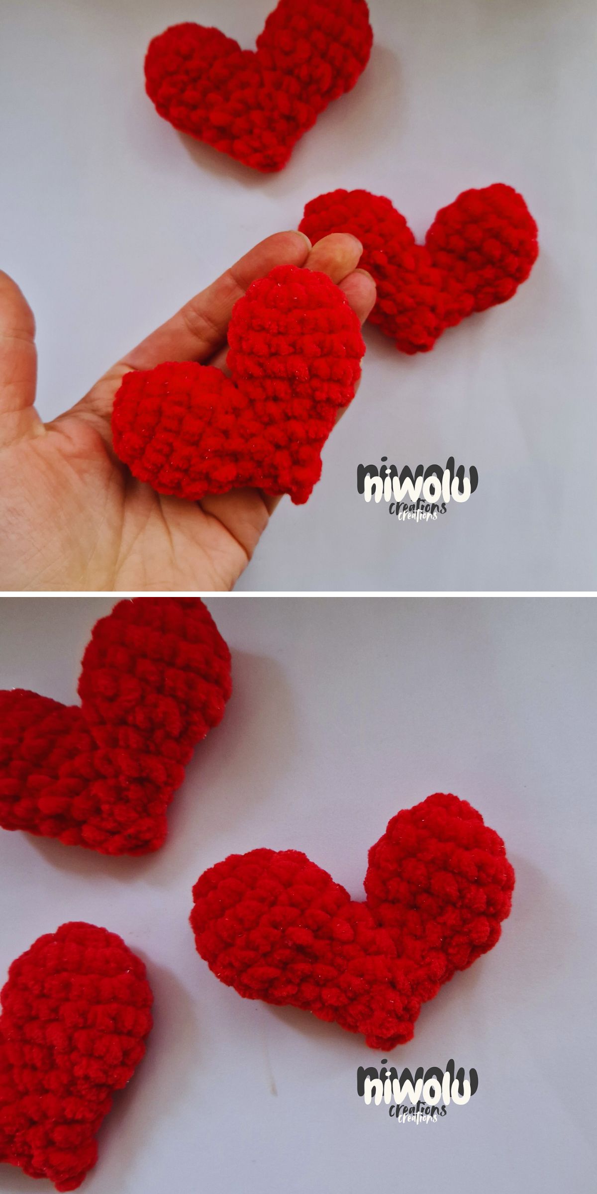 Two photos show vibrant red crocheted, colorful hearts—one held in a hand in the top image, while others rest on a white surface. The "niwolu creations" watermark is visible.