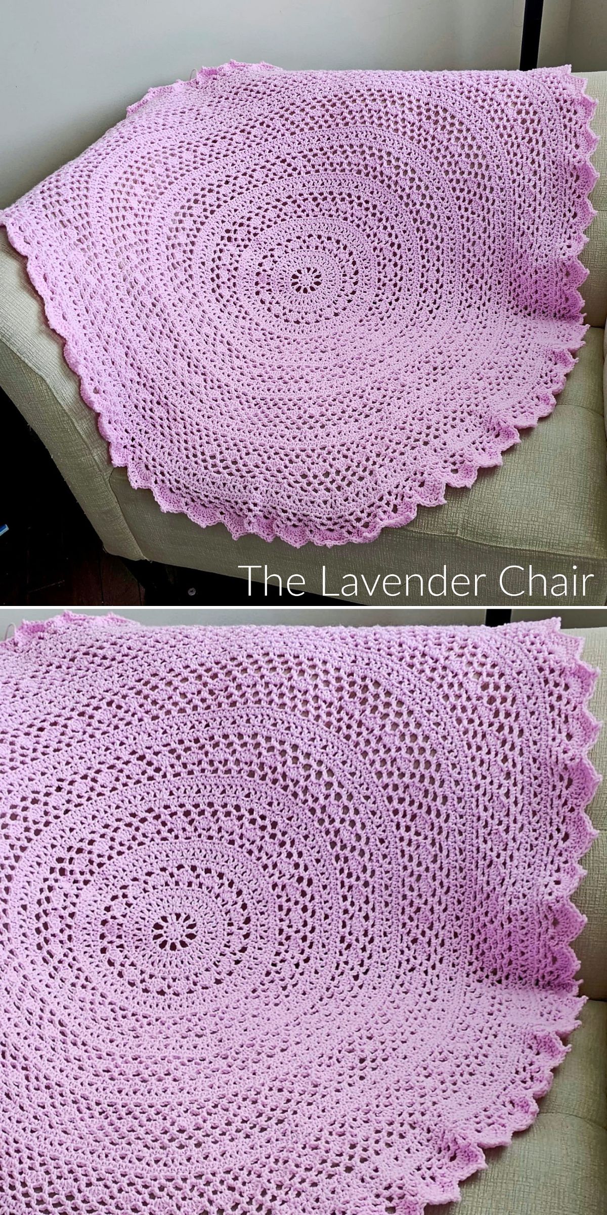 A round crochet blanket in light purple with a scalloped edge is draped over a beige chair, adding a cozy touch to the space.