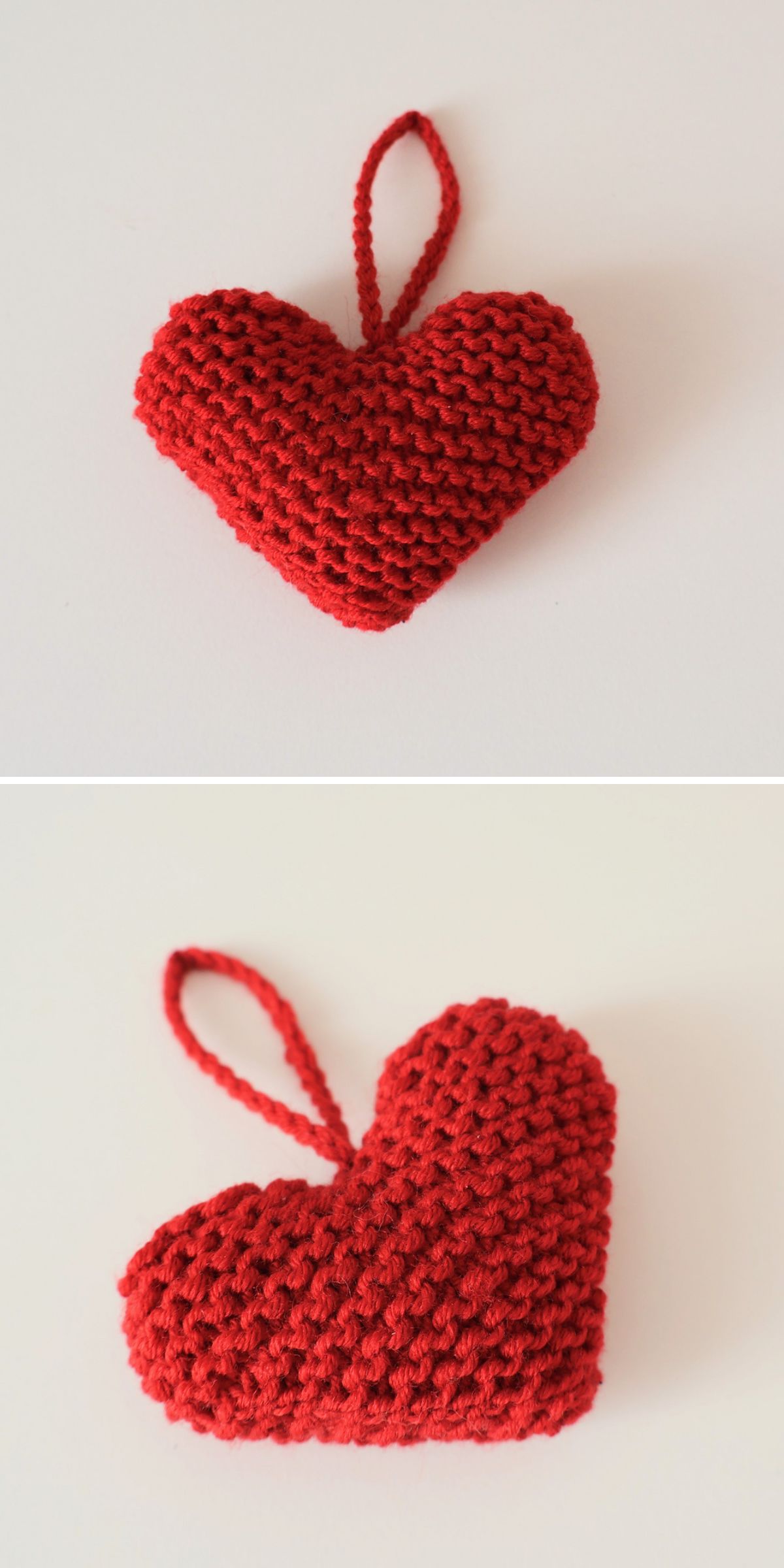 Two photos of a hand-knitted red heart ornament with a hanging loop, shown from different angles on a plain white background.