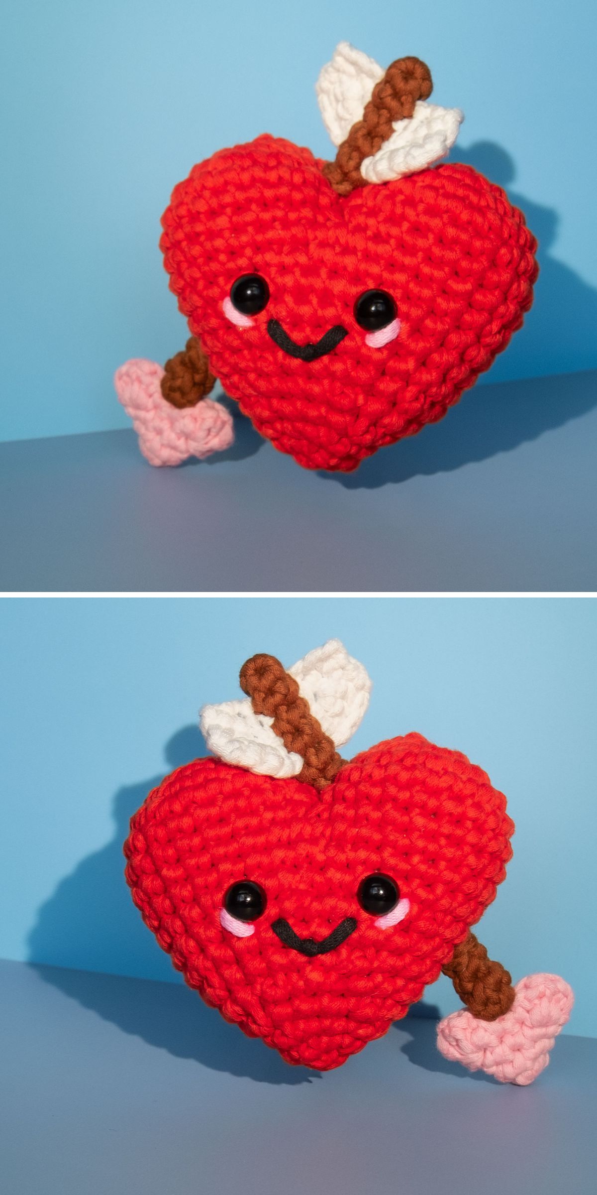 Two photos of a Crochet Heart with black eyes, a smiling mouth, and an arrow through it are displayed against a blue background.