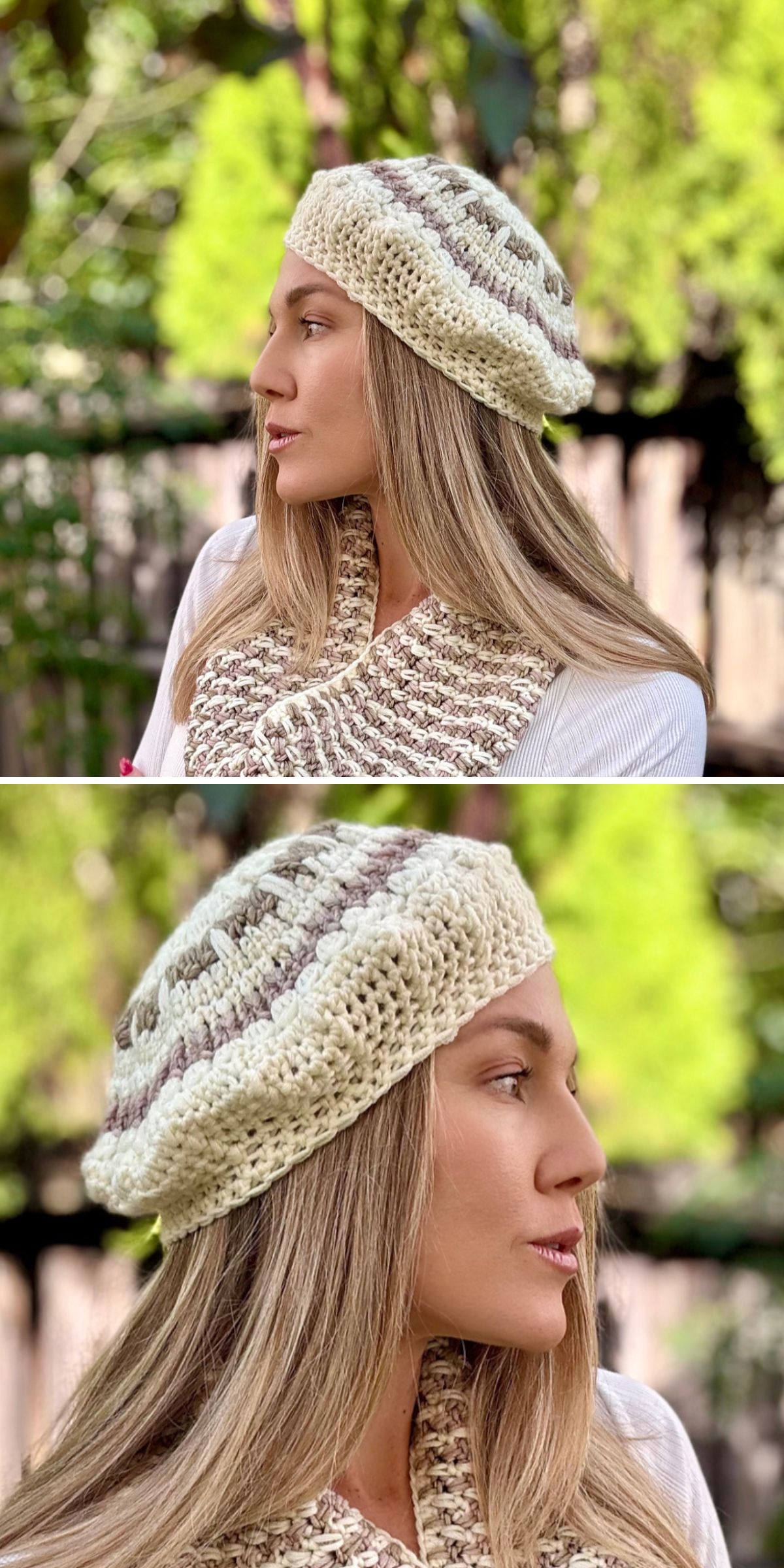 A woman wearing a cream and beige crochet beret and matching scarf is shown outdoors with greenery in the background.