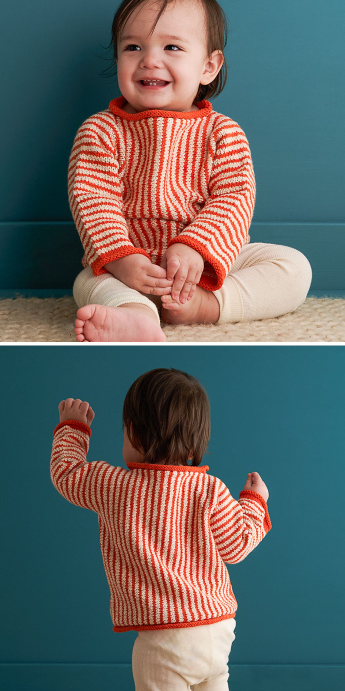 A toddler wearing knitted kids clothes — a red and white striped sweater and beige pants — sits and stands against a blue wall.