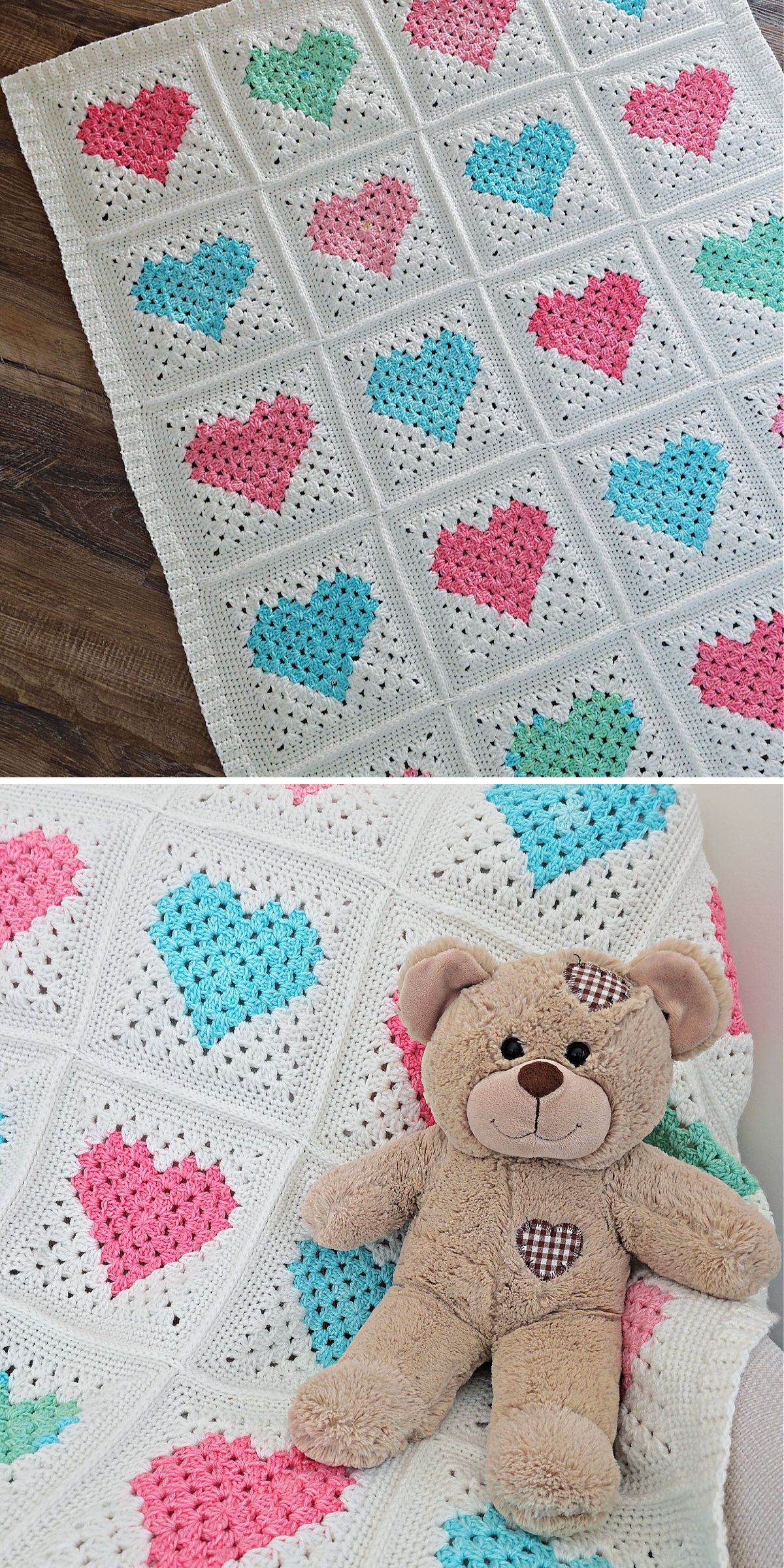 Crochet heart blanket featuring pink, blue, and green hearts on white squares, beautifully laid out and draped with a plush teddy bear.