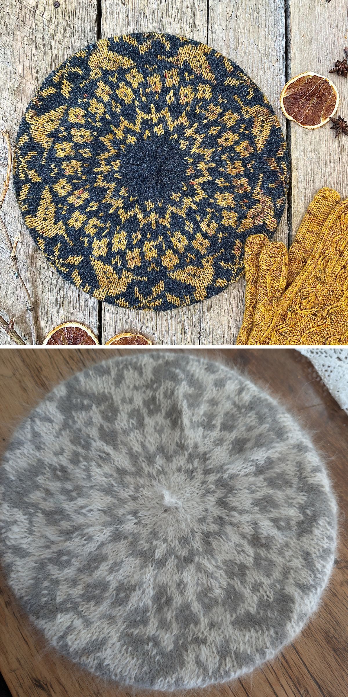 Two knitted berets are displayed: the top features a yellow and dark blue floral pattern, while the bottom boasts a fuzzy gray and white design. Both stylish knitted berets rest on wooden surfaces.