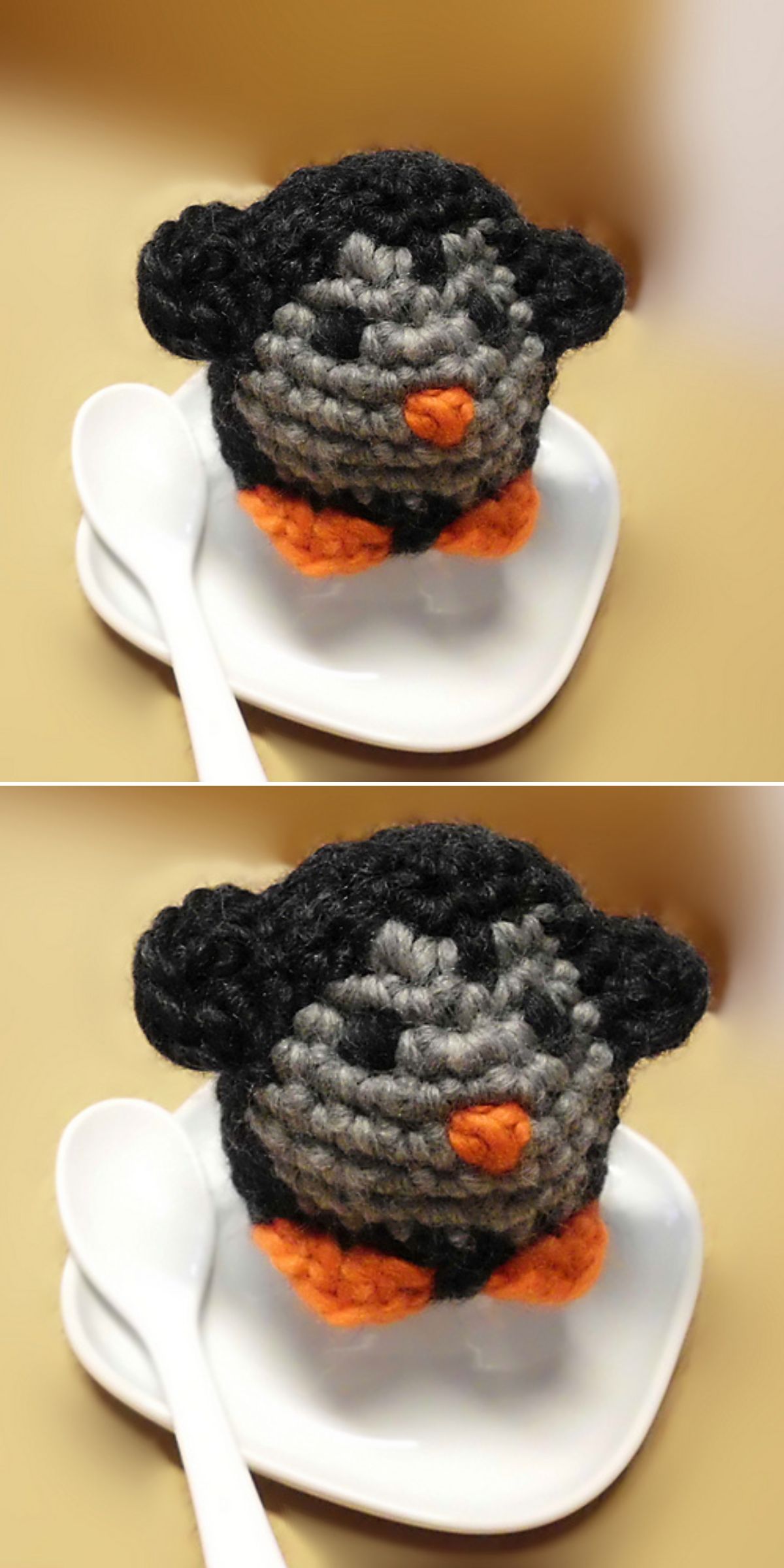 Two photos of a charming Crochet Penguin with orange feet and beak, sitting on a white plate next to a white spoon.