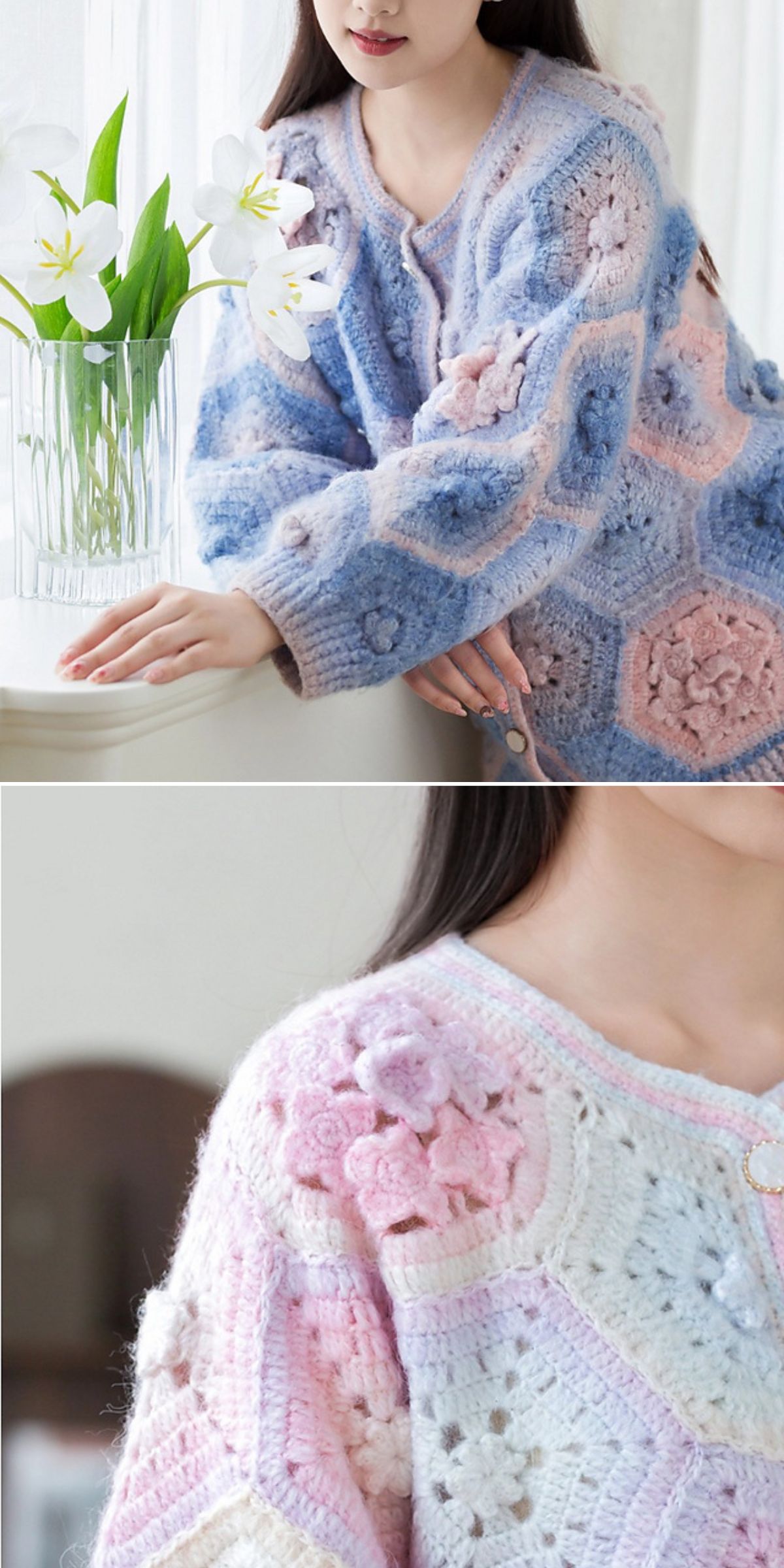 A woman wearing a pastel crochet cardigan with floral patterns stands by a window next to a vase of white lilies.