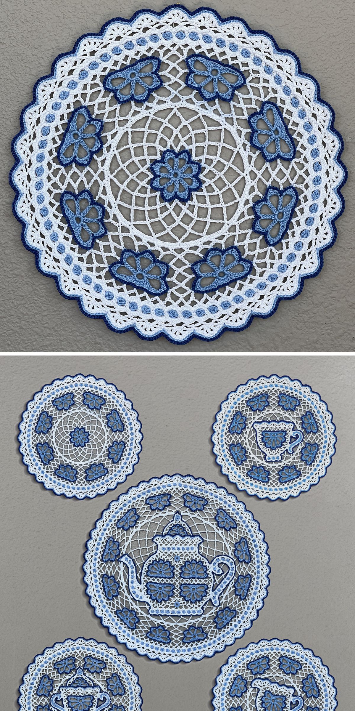 Crochet doilies with blue and white patterns, including floral designs and a tea set motif, are displayed on a gray surface.
