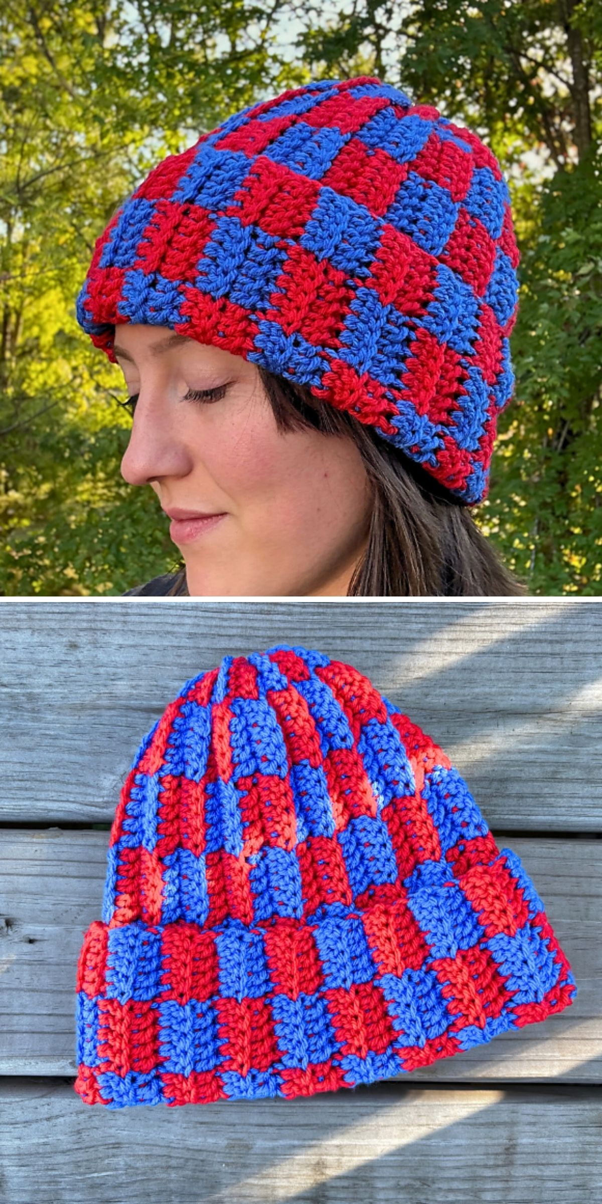 Crochet beanie hat with a red and blue checkerboard pattern, shown worn on a person outdoors and laid flat on a wooden surface.