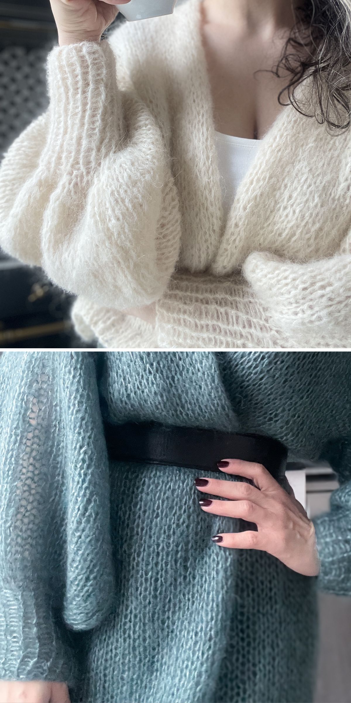 Two images: The top shows a person in a fluffy cream cardigan and white top; the bottom features a light blue knit sweater with a black belt and dark nail polish—perfect inspiration if you're searching for Free Knitting Patterns for Cardigans.