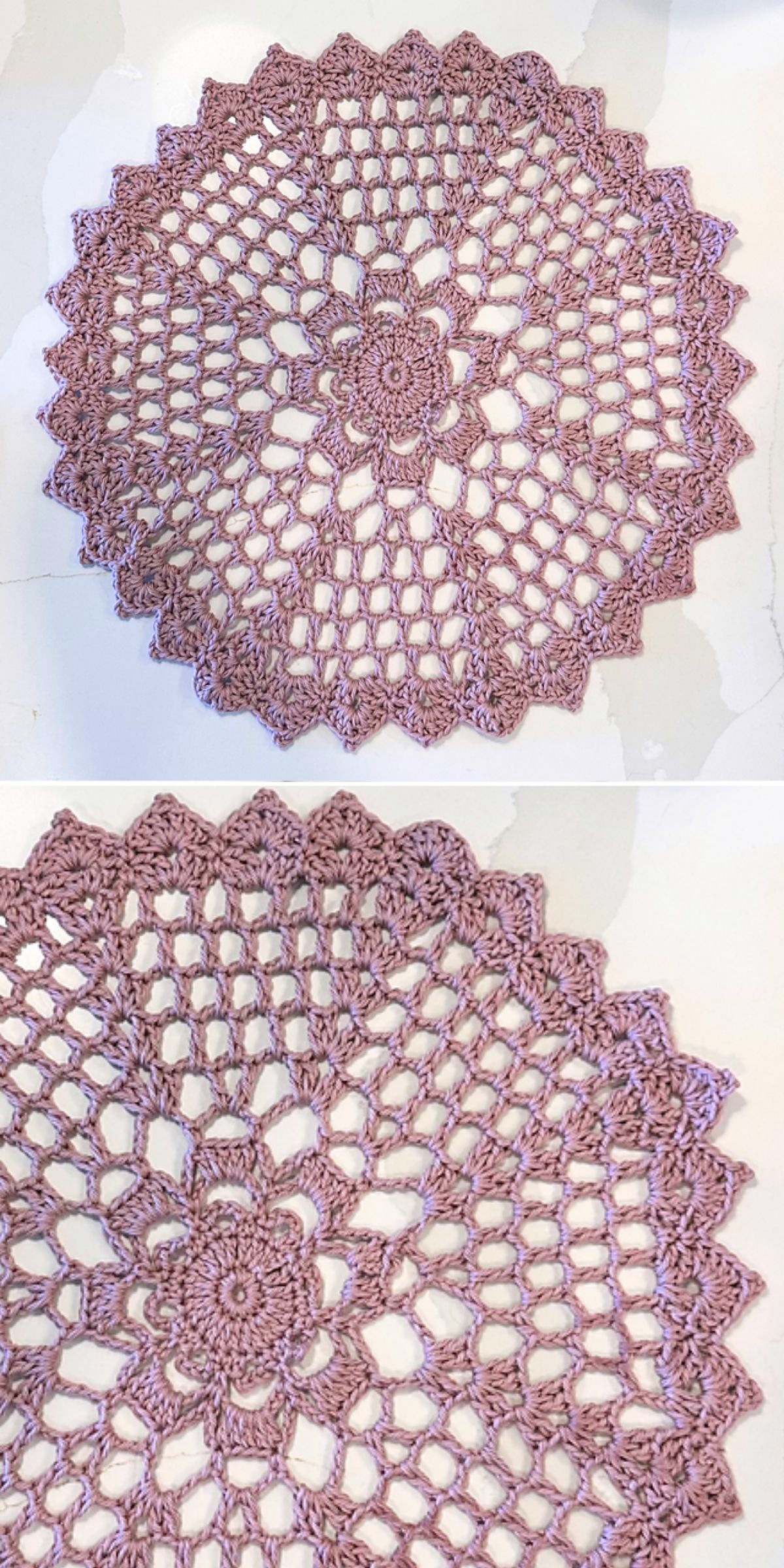 Two close-up views of a round, light purple crochet doily with a floral pattern and scalloped edges, placed on a light-colored surface.
