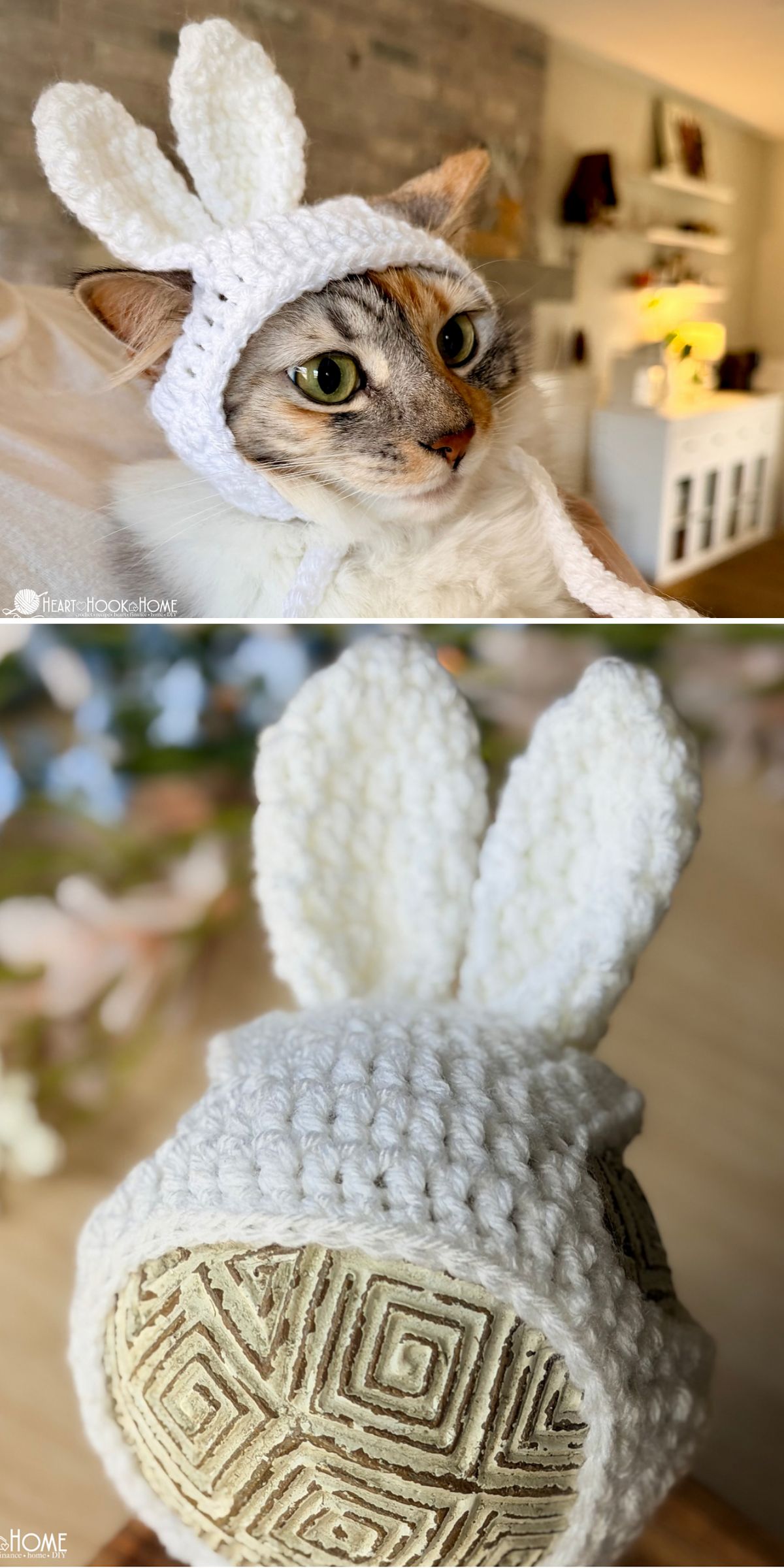 A cat and a mannequin head each wear crochet cat accessories — white hats with attached bunny ears — in a cozy home setting.