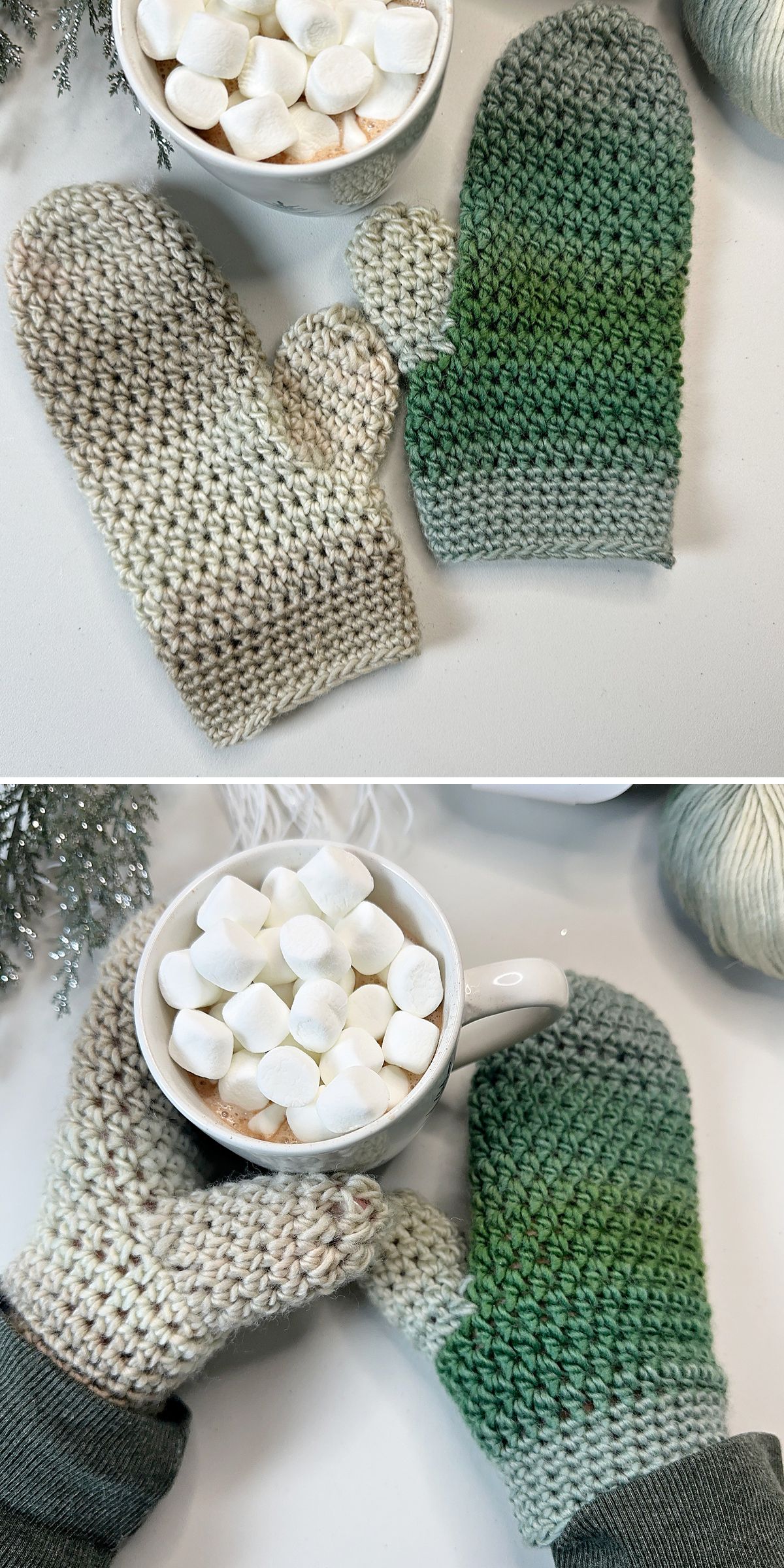 A pair of crocheted mittens in cream and green tones, crafted from cozy crochet glove and mitten patterns, rest beside and hold a mug of hot chocolate topped with marshmallows.