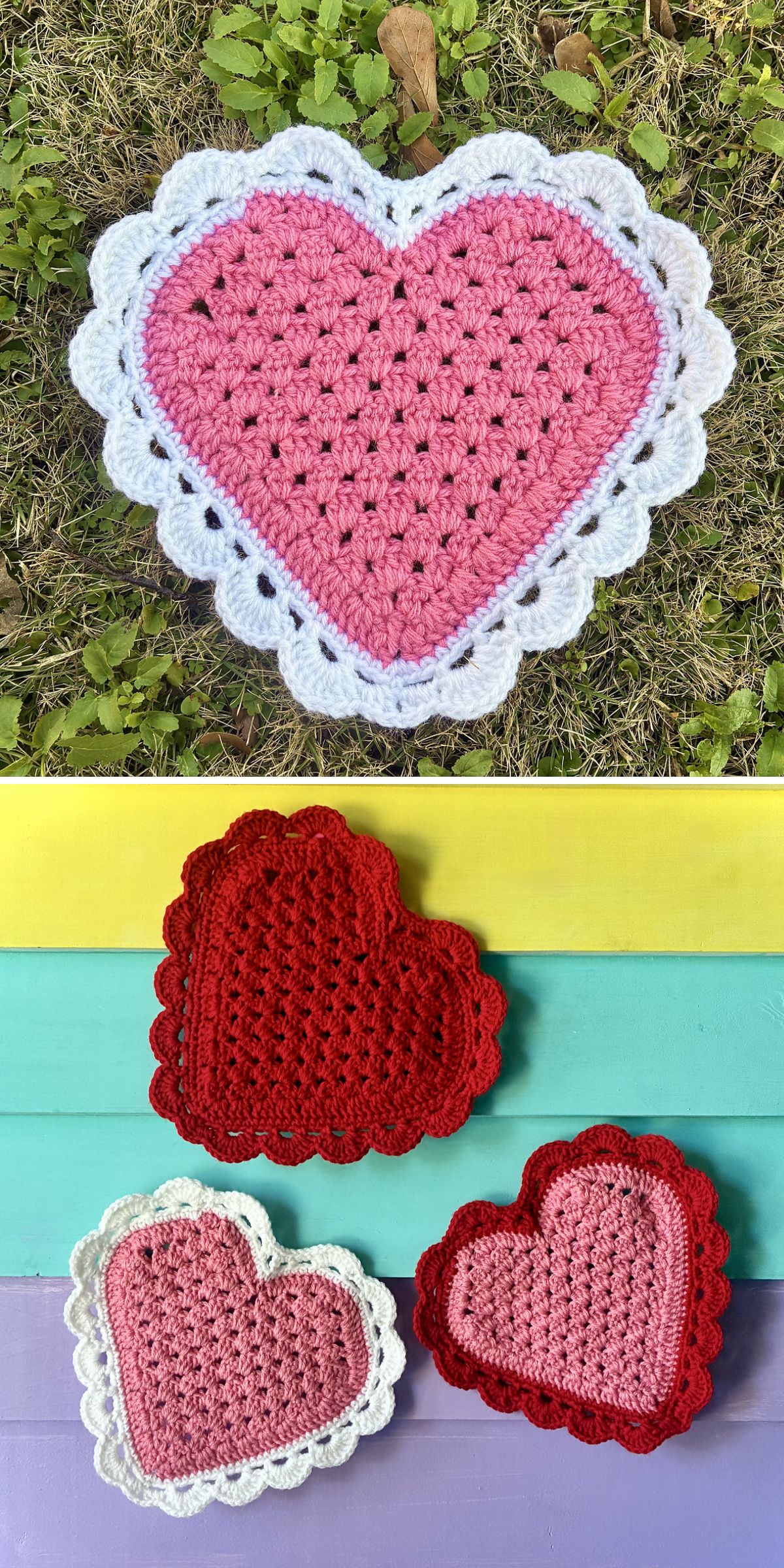 Colorful hearts crocheted into heart-shaped pieces with scalloped borders, displayed on grass and vibrant wooden boards in two separate images.