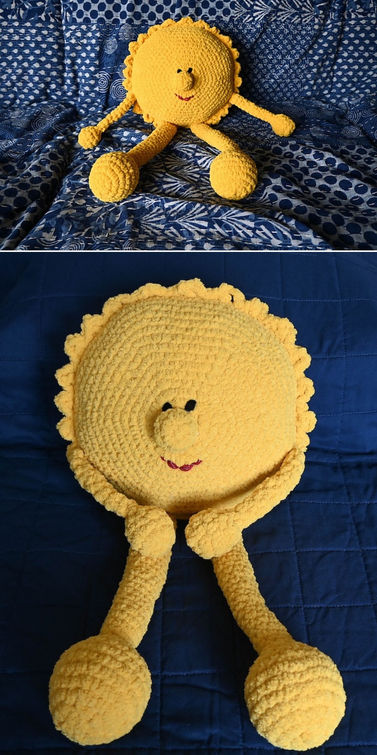 Crochet sun amigurumi plush with long legs made from a free crochet pattern
