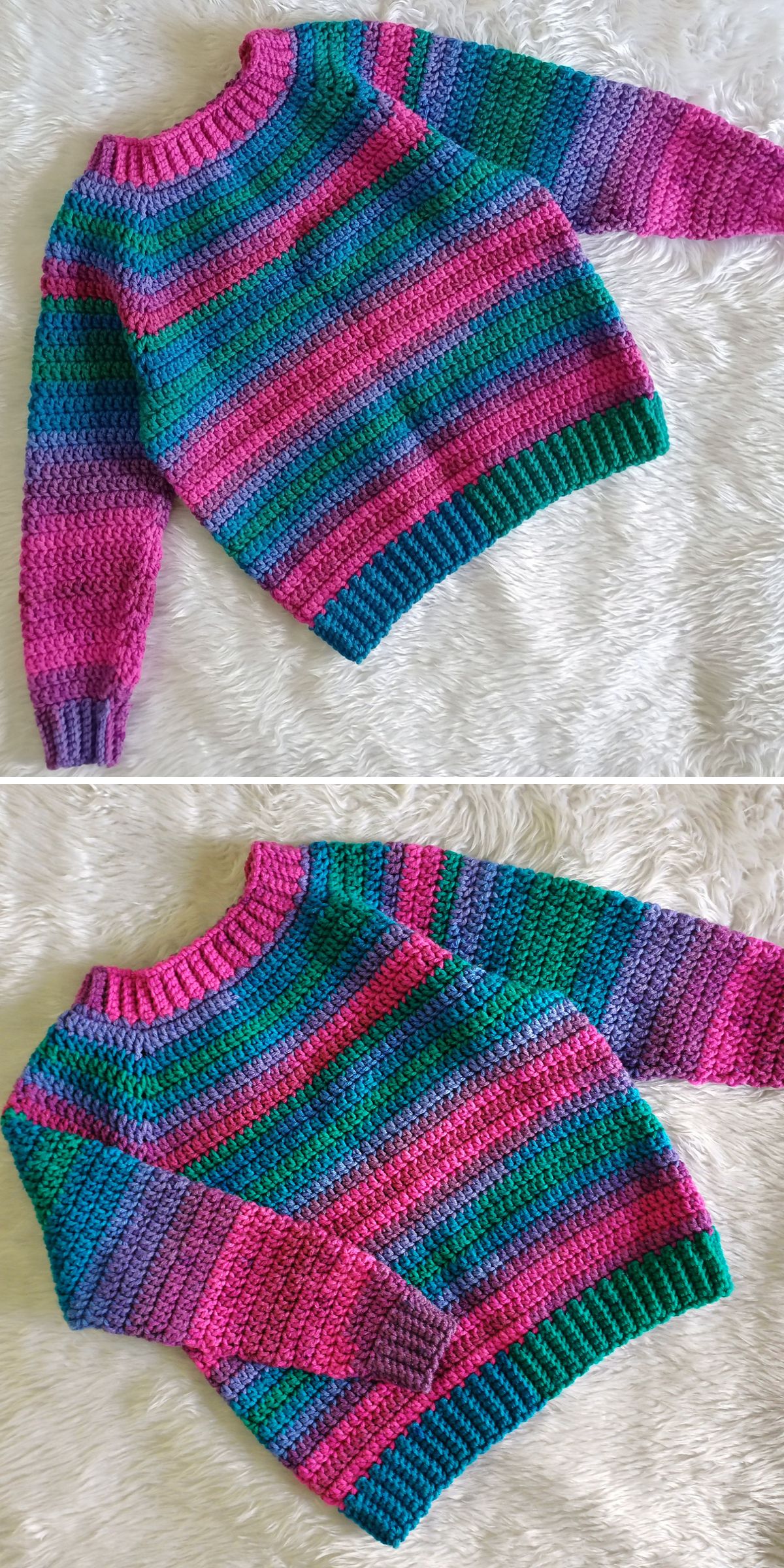 Two crochet sweaters with pink, green, blue, and purple horizontal stripes are displayed on a white textured surface, showcasing charming Crochet Kids Sweater Patterns.