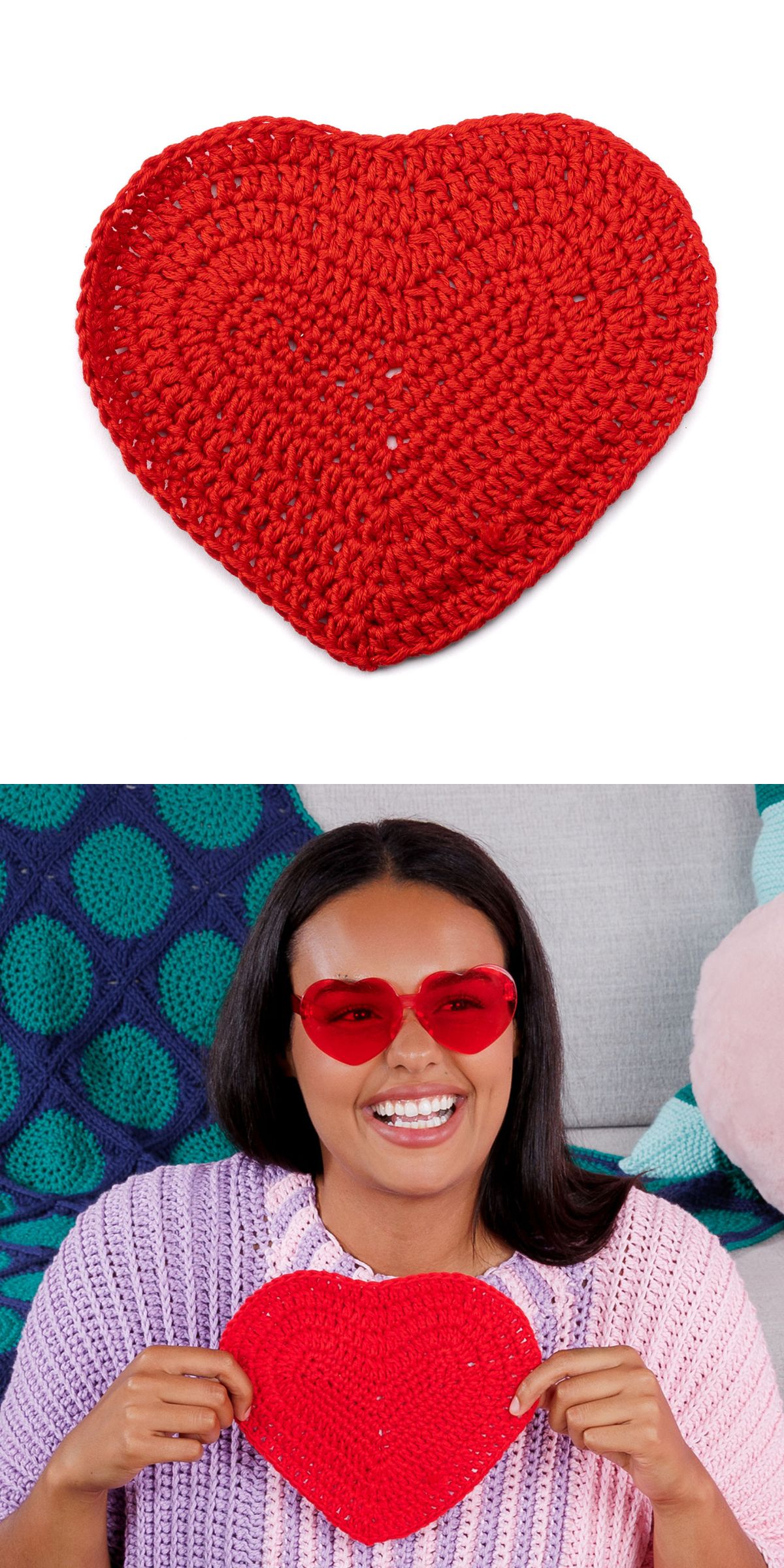 A woman wearing red heart-shaped sunglasses smiles while holding a crochet heart in front of her chest. A close-up of the crochet heart is shown above her, highlighting its detailed craftsmanship and vibrant color.