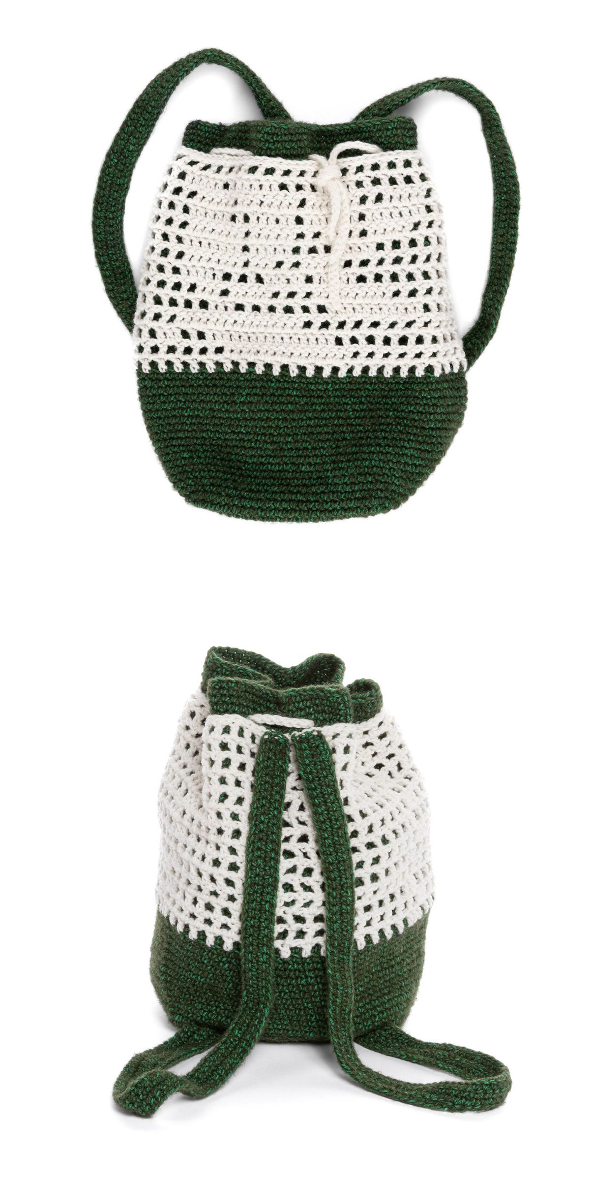 A two-toned crochet backpack with dark green on the bottom and straps, and white on the top half, shown from front and back views.