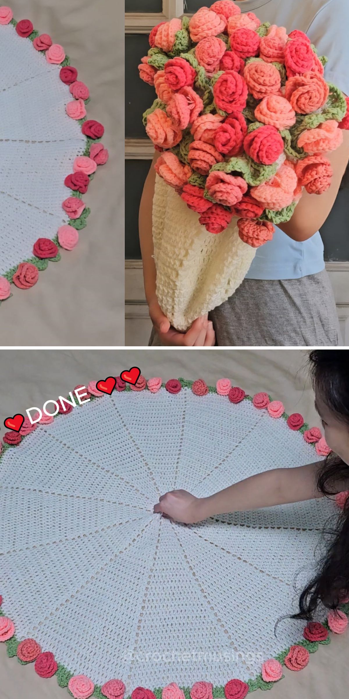 A person holds a crochet bouquet of pink and peach flowers. Two images show a round crochet blanket — white with crocheted flowers adorning the edge — for a charming floral touch.