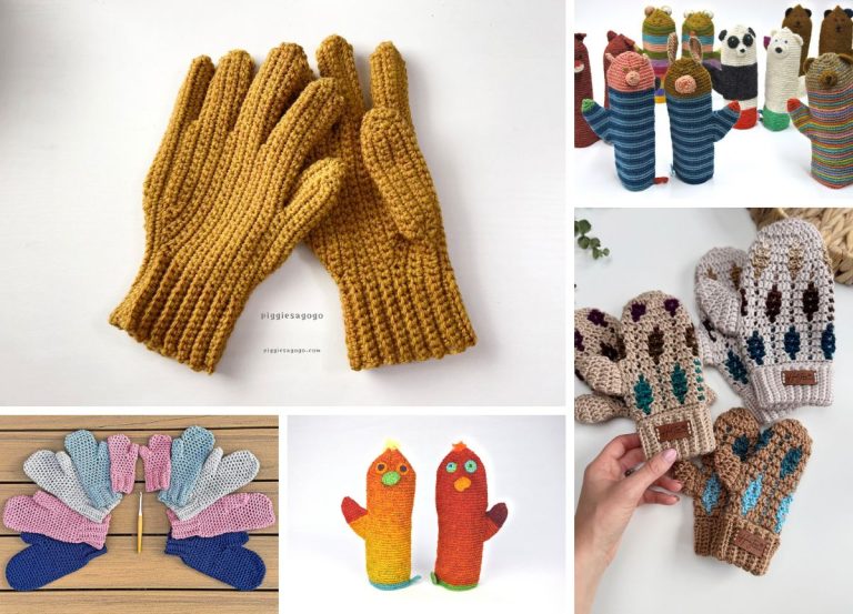 A collage featuring various crocheted gloves and mittens in different colors and designs, including animal-themed styles and creative crochet mitten patterns.