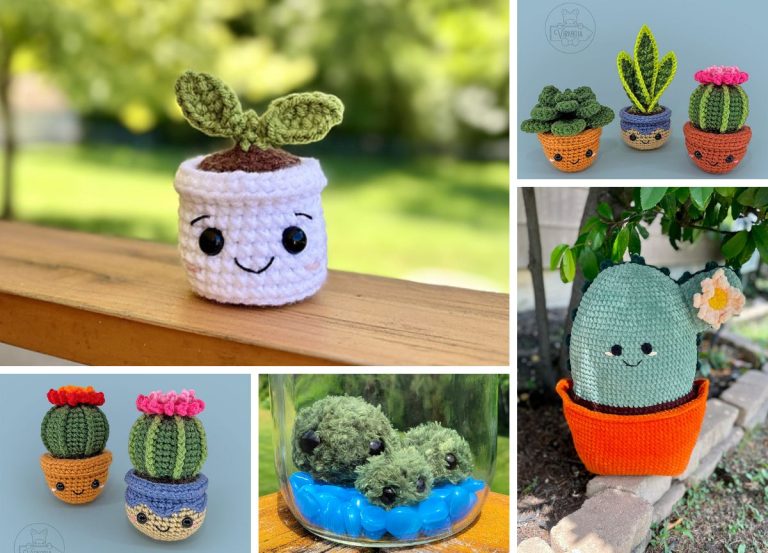 A collage of crochet plant plush toys in various pots, each with smiling faces, offers charming zero-care greenery both indoors and outdoors.