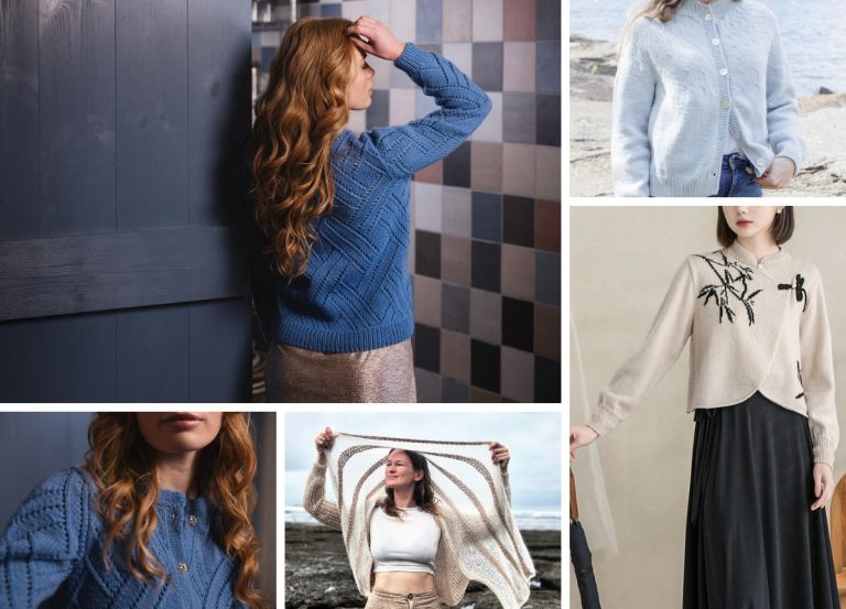 A collage of five women modeling cardigans and sweaters in blue, white, and beige, indoors and outdoors — perfect inspiration for those seeking stylish comfort or browsing free knitting patterns for cardigans.