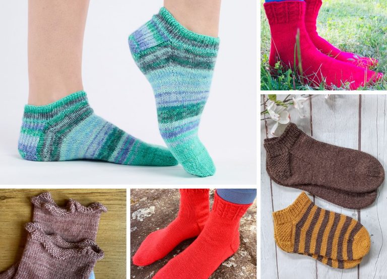 Collage of five pairs of knitted socks in various colors and patterns, including green, red, brown, yellow-striped, and mauve — perfect inspiration for knitting patterns for socks — shown on feet and laid flat on different surfaces.