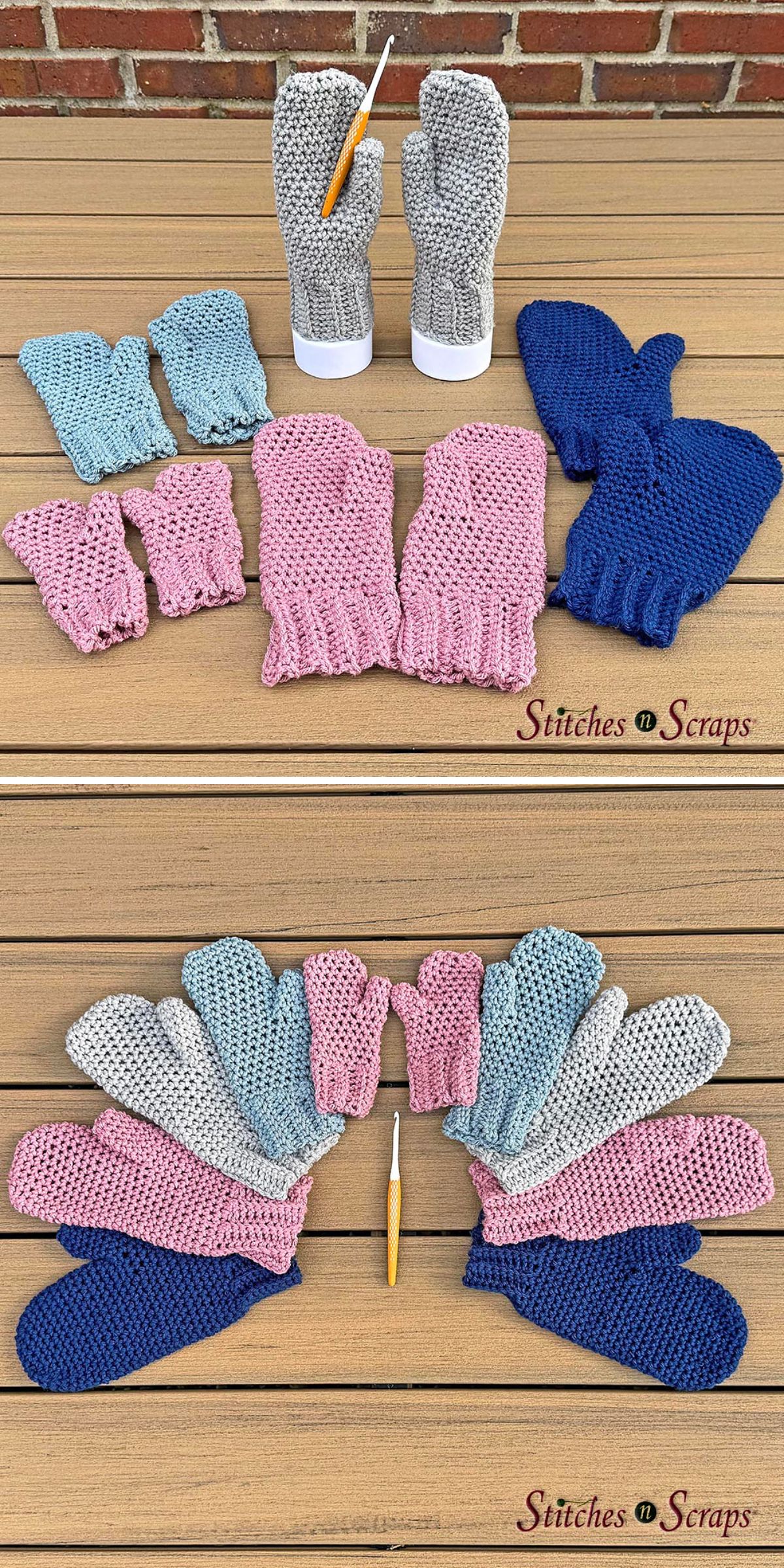 Two photos show crocheted mittens in gray, pink, blue, and purple, arranged side by side on a wooden surface with a crochet hook above them — perfect inspiration for your next project using free crochet patterns.