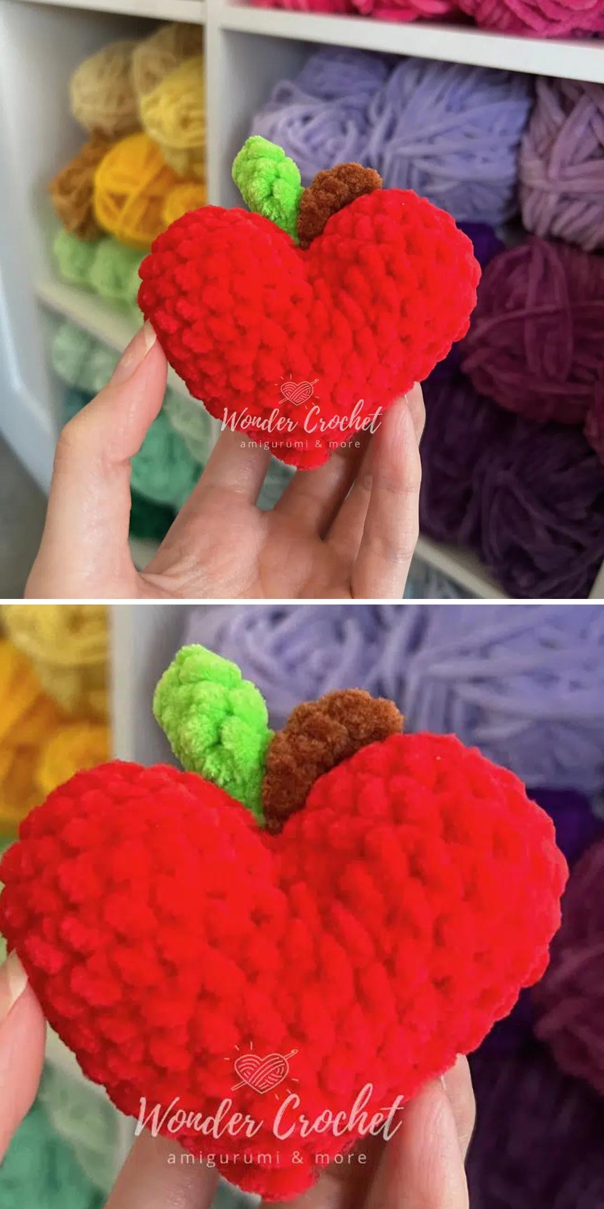 A hand holding a red amigurumi heart-shaped object.
