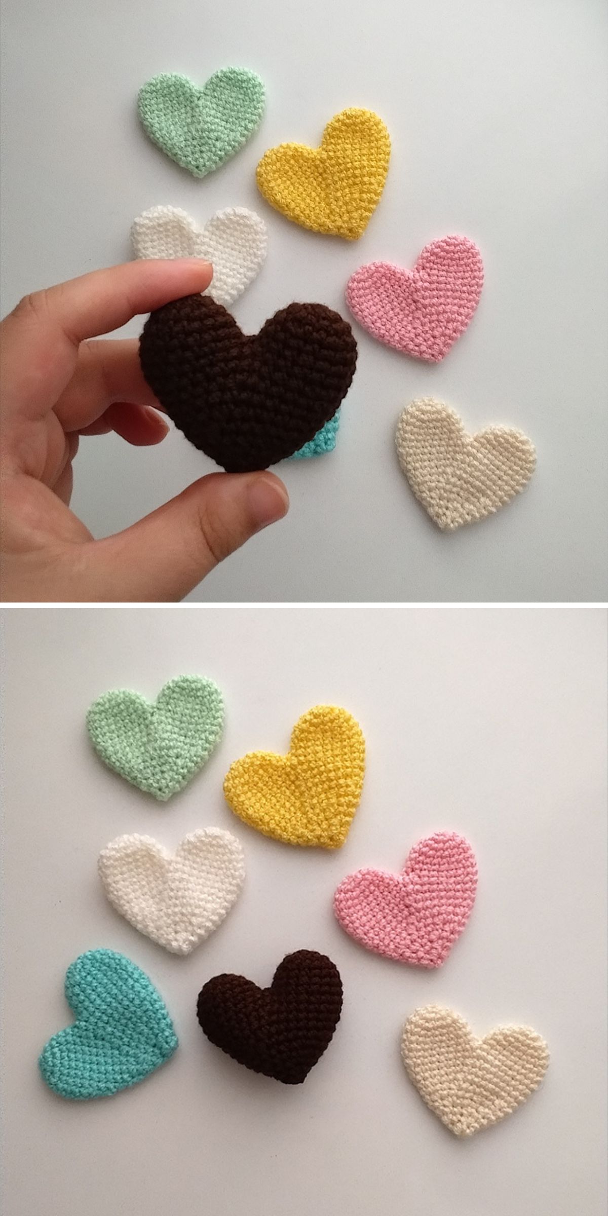 Seven colorful hearts, crocheted in various shades, are arranged on a white surface; a hand holds up a brown heart in the top image.