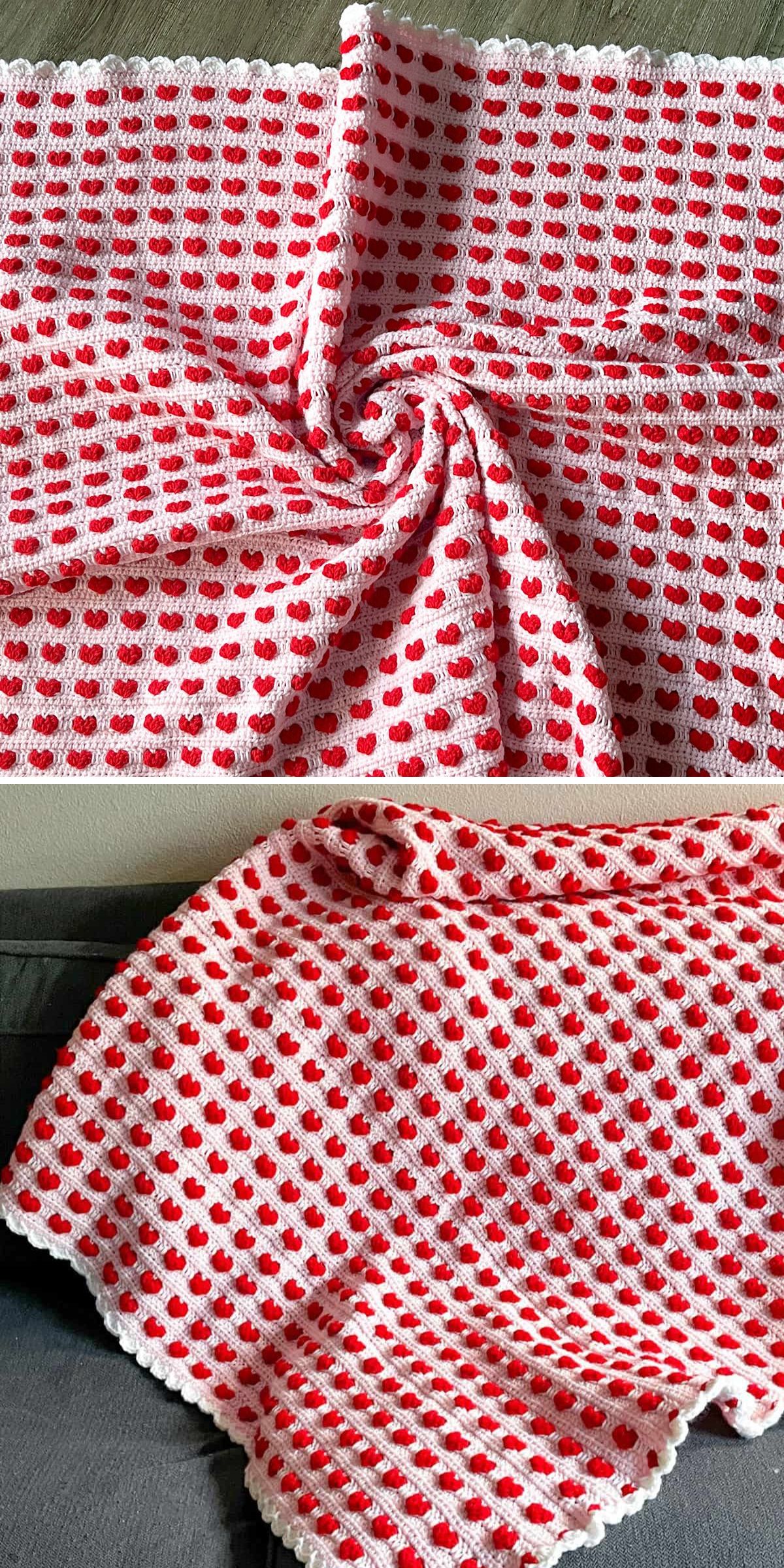 A crochet heart blanket with a white background and red heart pattern, displayed twisted in a swirl and draped over a couch.