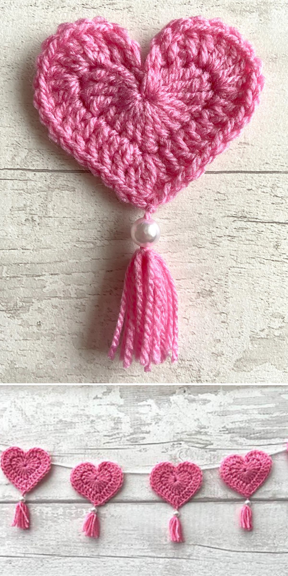 Pink crocheted heart with a tassel and bead, shown alone and as part of a garland featuring colorful hearts hanging on a string against a light wooden background.