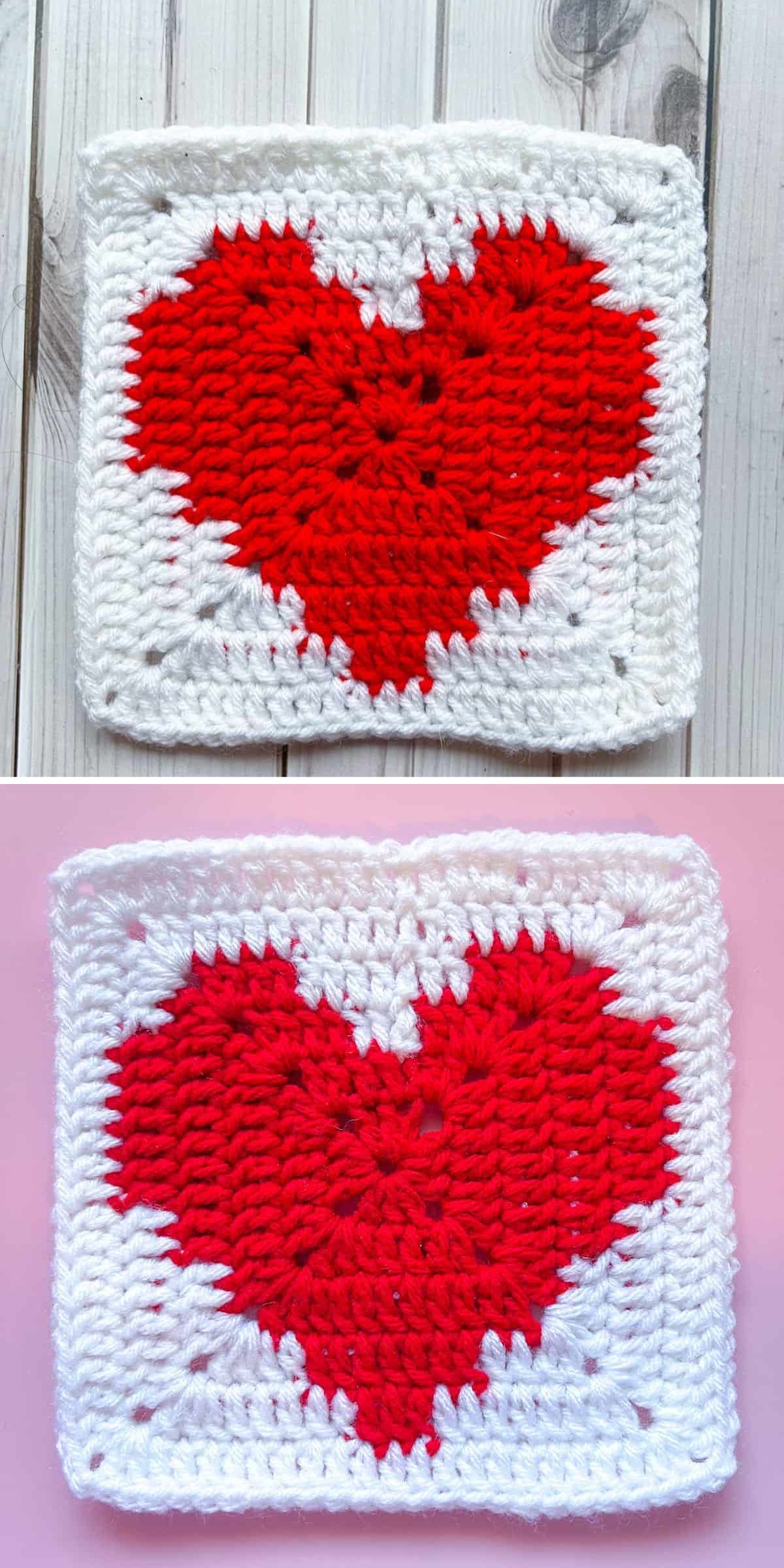 Two Crochet Heart squares, each featuring a red heart in the center with a white border, are displayed on different backgrounds.