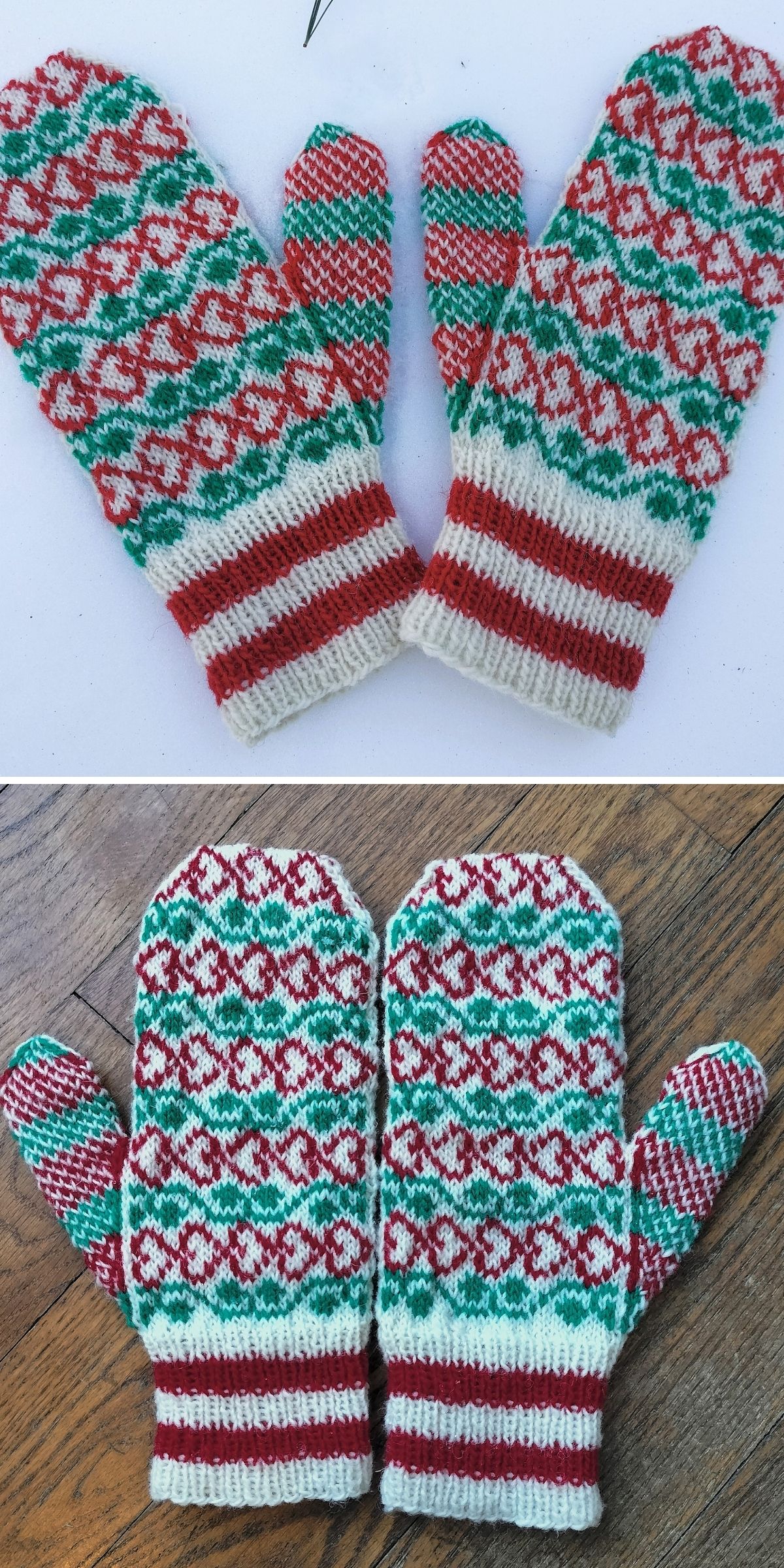 Two pairs of knitted mittens with festive red, white, and green patterns for mittens are displayed — one pair on a white surface and the other on a wooden background.