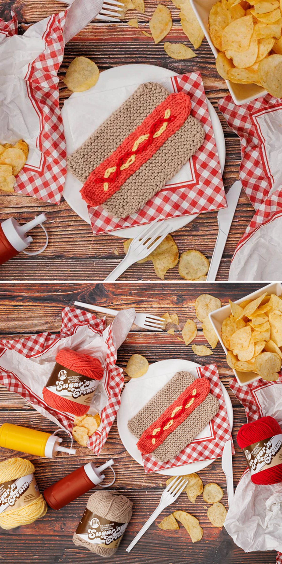 A knitted hot dog with mustard, crafted using Knitted Food Patterns, sits on a checkered napkin surrounded by chips, yarn, and condiments atop a wooden table.