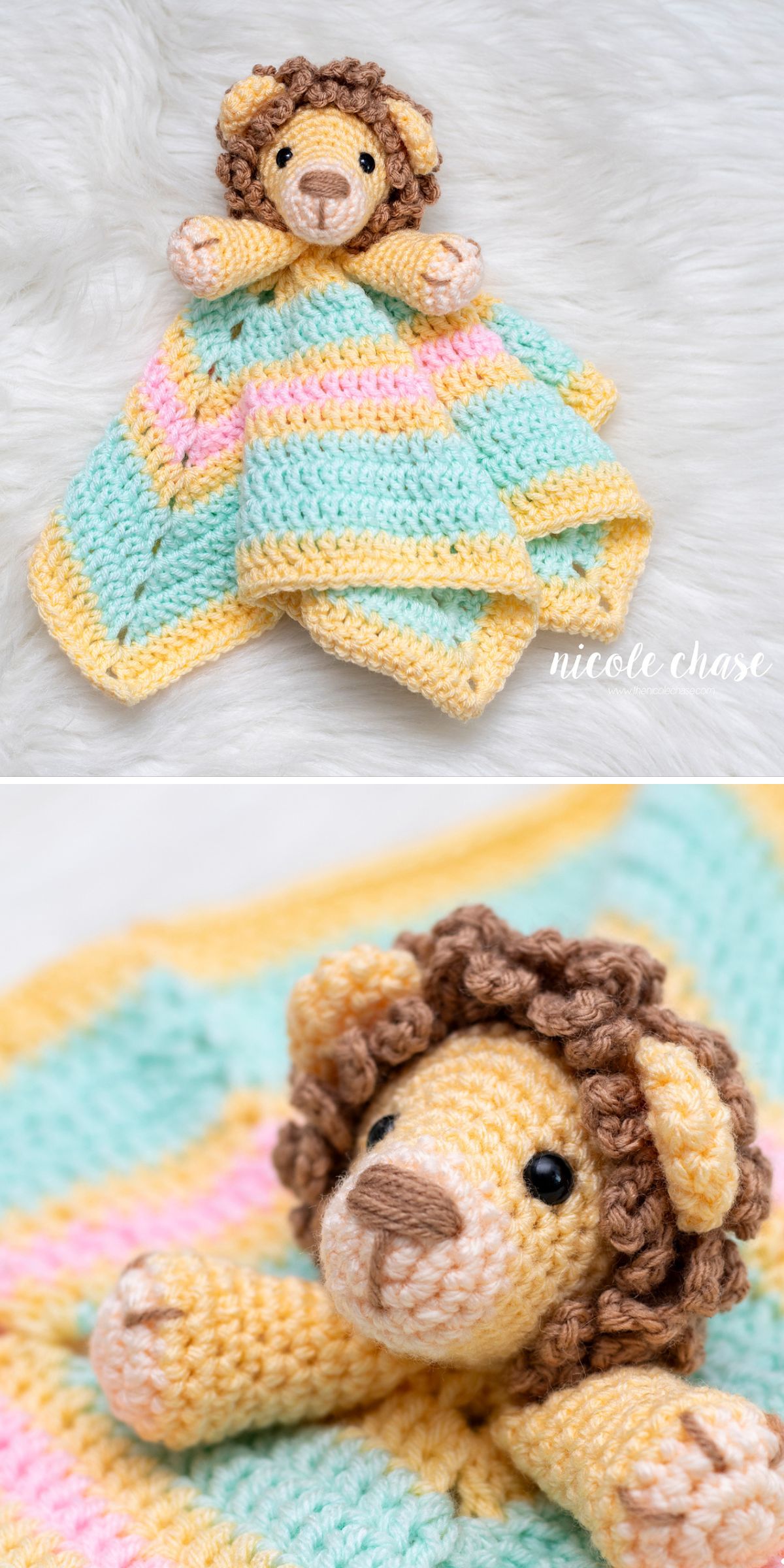 Crochet baby lovey featuring a lion security blanket with pastel yellow, green, and pink stripes; close-up reveals the lion’s detailed face and mane.