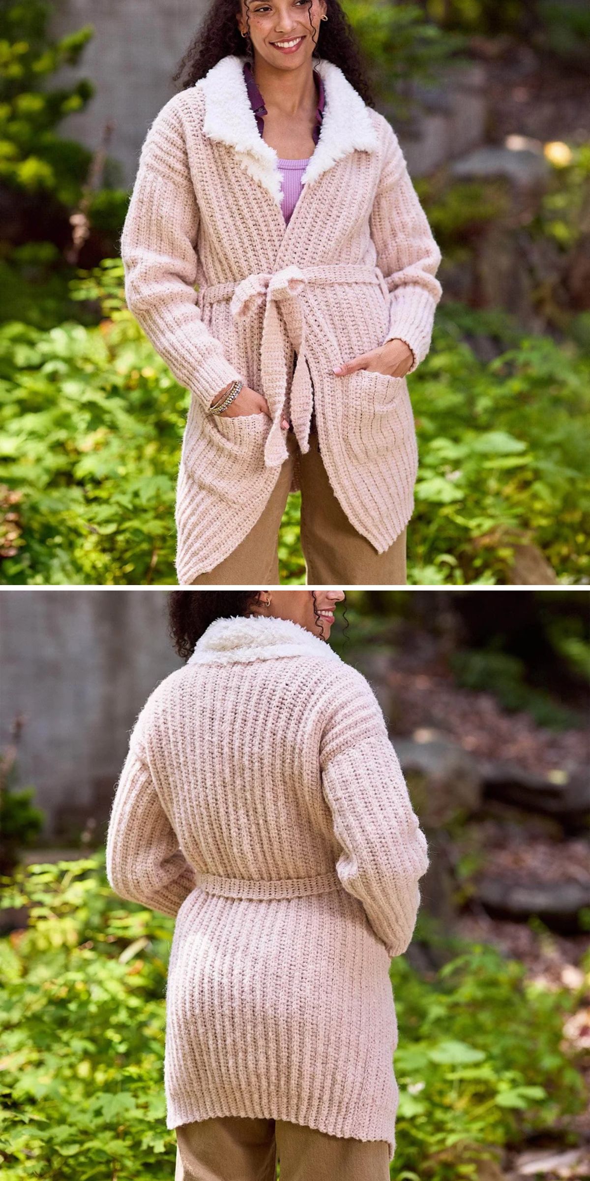 A woman stands outdoors wearing a light pink, belted, ribbed crochet cardigan with large pockets and a white sherpa collar; front and back views are shown.