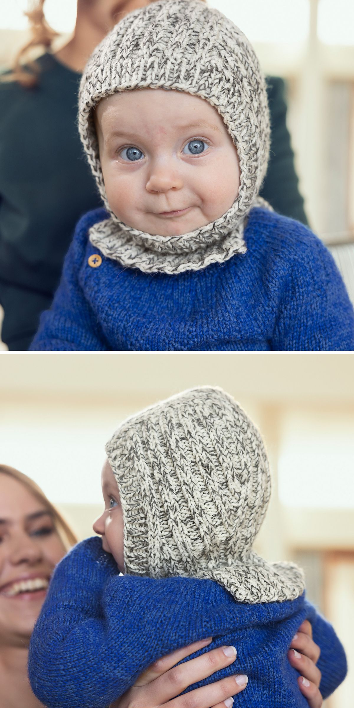 A baby in knitted kids clothes — a blue sweater and a cozy bonnet — looks at the camera in the top image and is held by an adult in the bottom image.