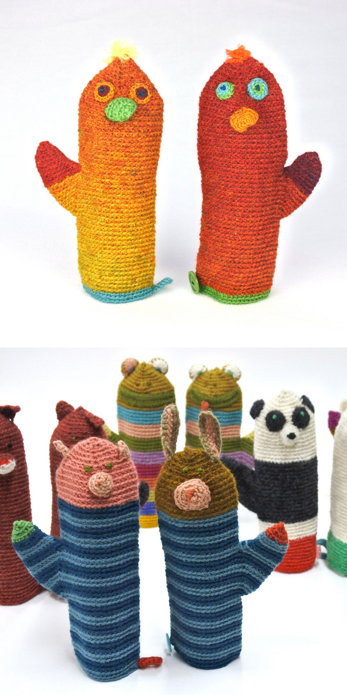 Two crochet animal mittens are shown in the top image, with a group of assorted crochet animal mitts displayed below — perfect for adding winter comfort or pairing with your favorite crochet mitten patterns.