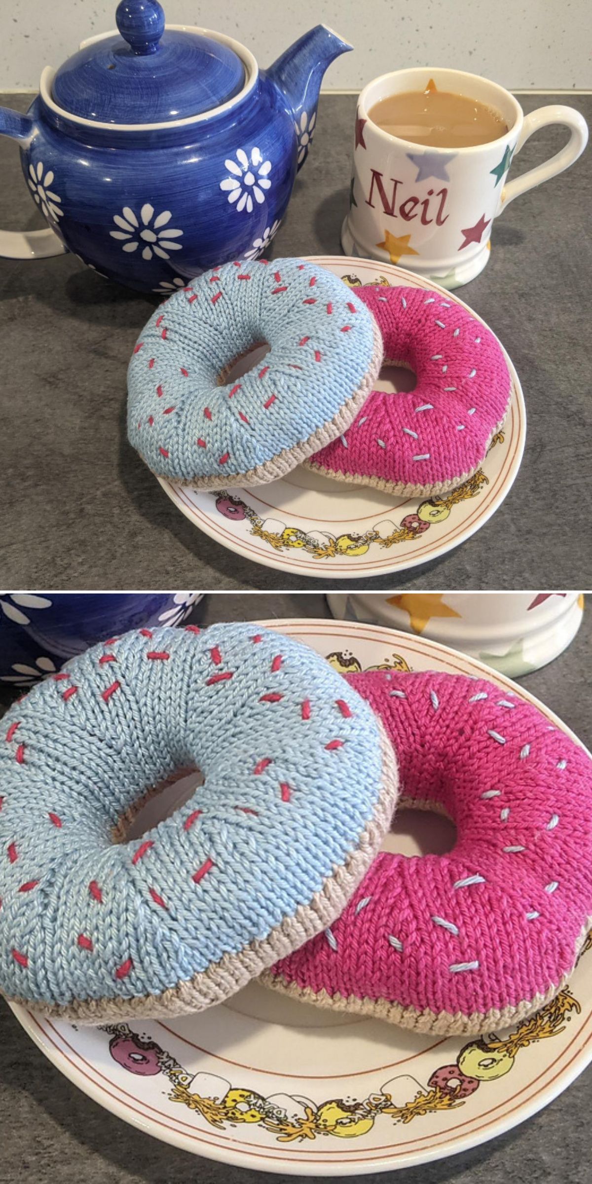 A blue teapot, a mug labeled "Neil," and a plate with two knitted donuts — one blue, one pink—showcase charming Knitted Food Patterns on a kitchen counter.