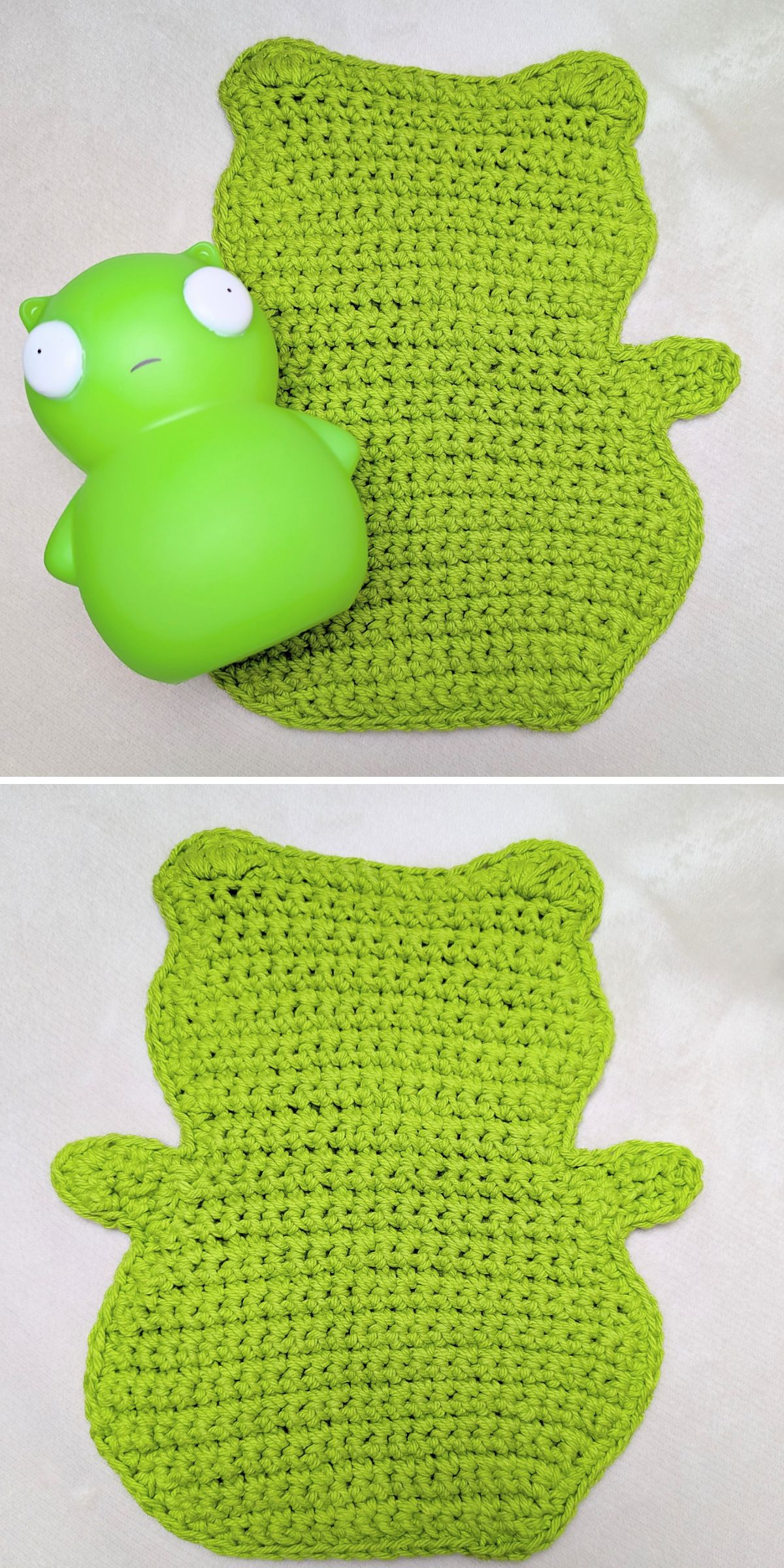 A small green plush toy sits next to a matching green crochet potholder shaped like the toy. The second image shows only the crochet potholder.