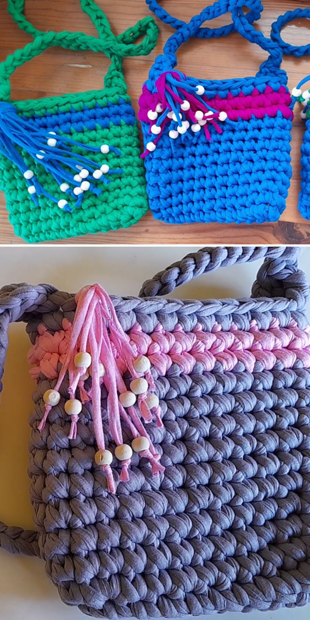 Three handwoven yarn bags in green, blue, and gray with pink, adorned with decorative tassels and beaded accents, make the perfect crochet bag for kids, all beautifully displayed on a wooden surface.