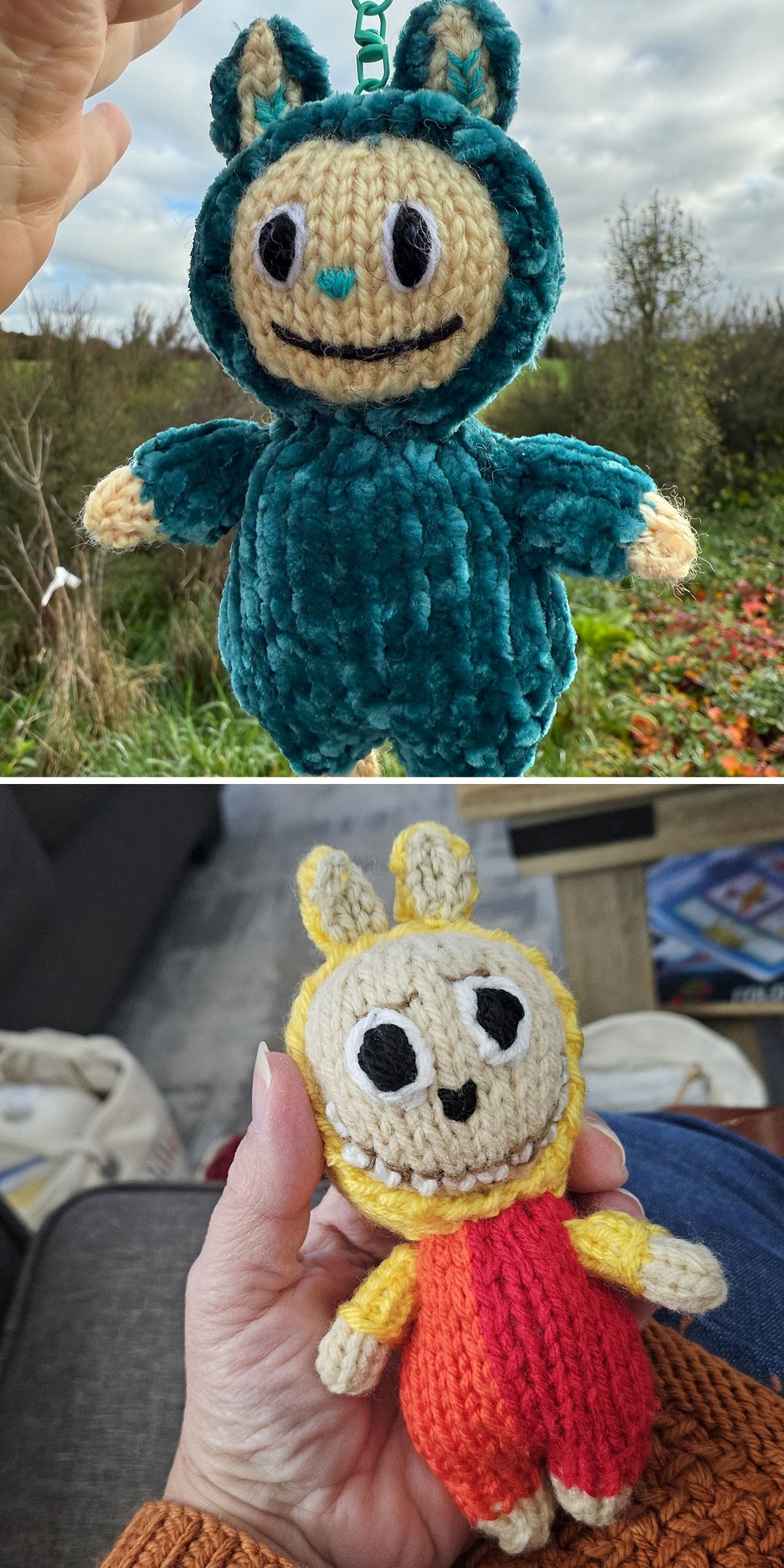Two handmade knitted Labubu toy with large black eyes — one in a teal outfit held outdoors, the other in a red and yellow outfit held indoors.