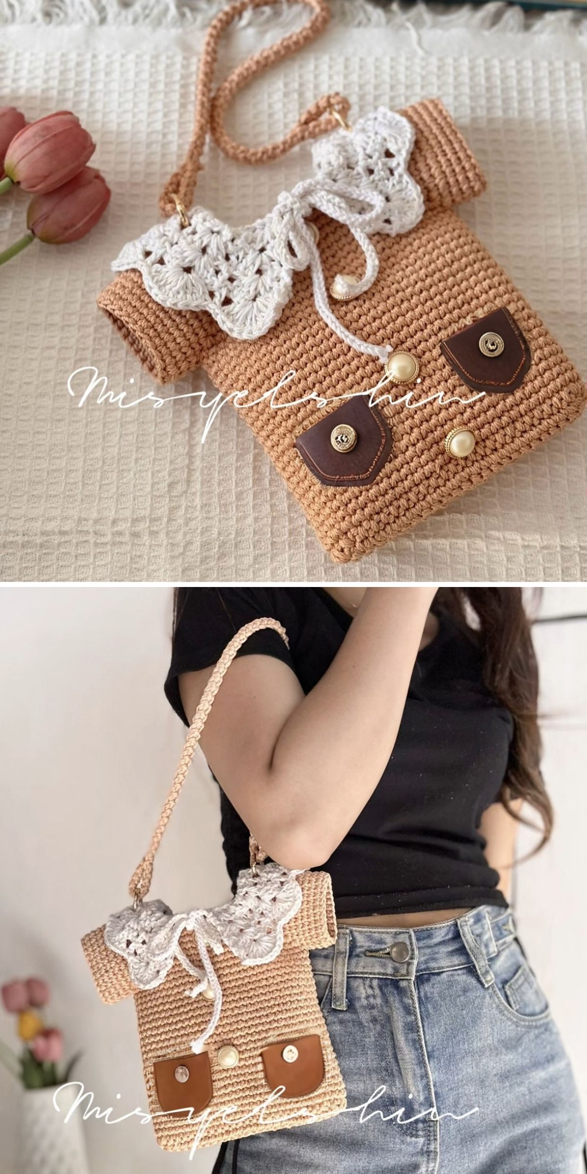 A crochet bag for kids featuring a white lace collar detail, button accents, and a rope strap, shown on a table and worn over the shoulder by someone in a black shirt and jeans.