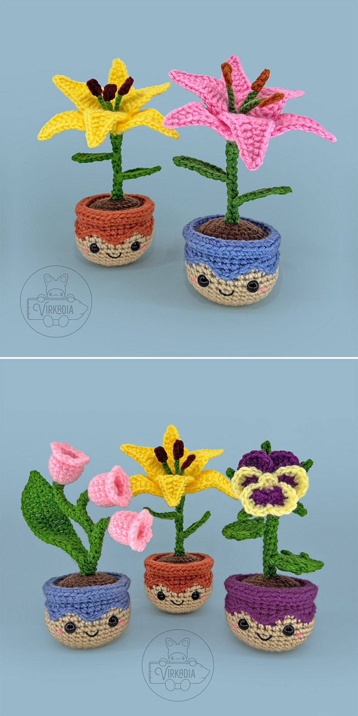 Two images of crochet plant potted flowers with smiling faces, featuring various colorful blooms in small pots against a plain blue background.