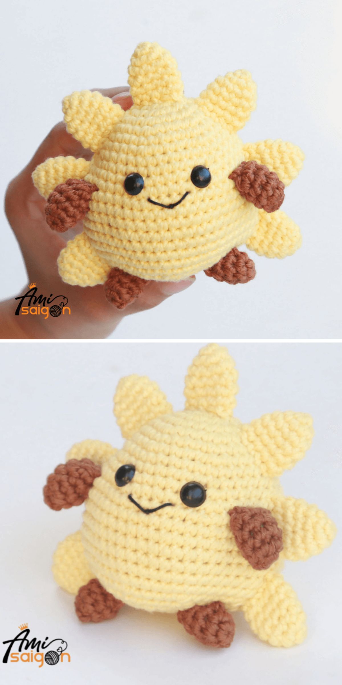 Two photos showing a hand-crocheted plush crochet sun toy with a smiling face, round black eyes, and brown details on its rays and feet.