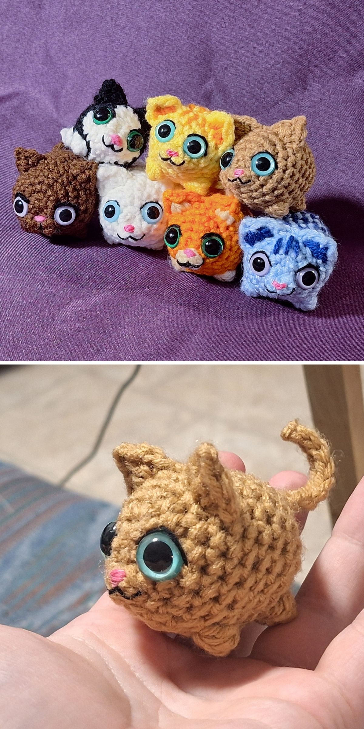 A group of small crochet cat amigurumi figures sit on a purple surface; in the second image, a hand holds a single crocheted cat.