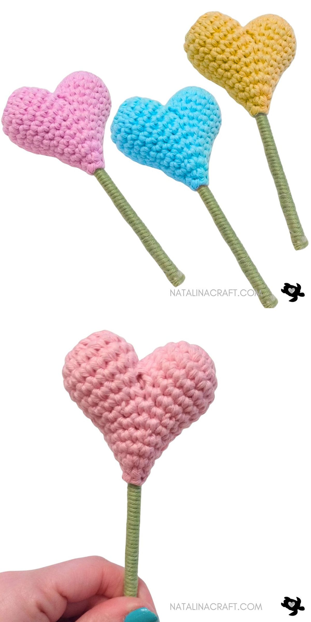 Three crochet heart-shaped objects in pink, blue, and yellow are attached to green stems; one pink crochet heart is shown being held in a hand.