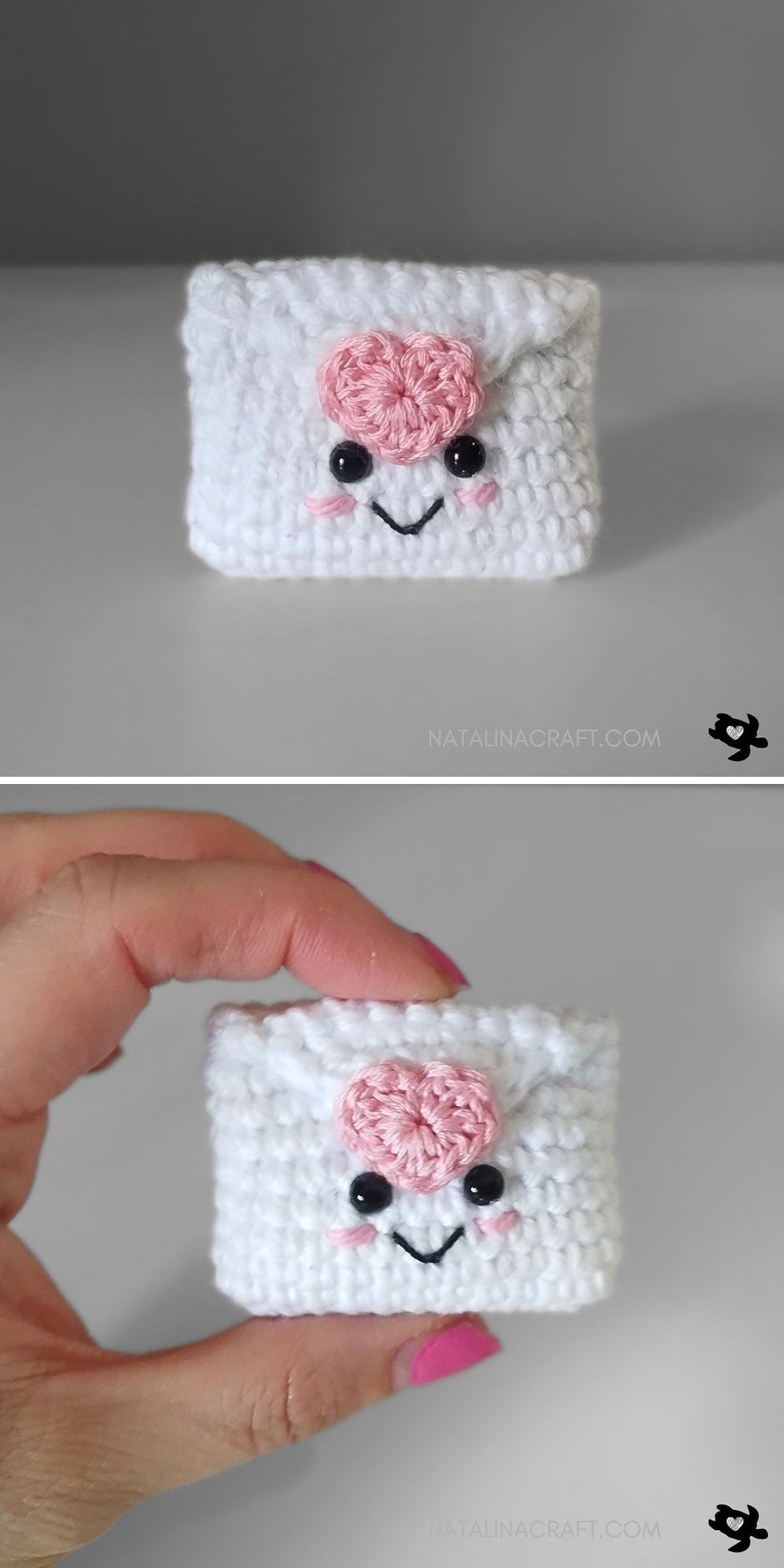 Two photos feature a small crocheted envelope adorned with a Crochet Heart, black eyes, and a smiley face; in one image, a hand holds the item for scale.