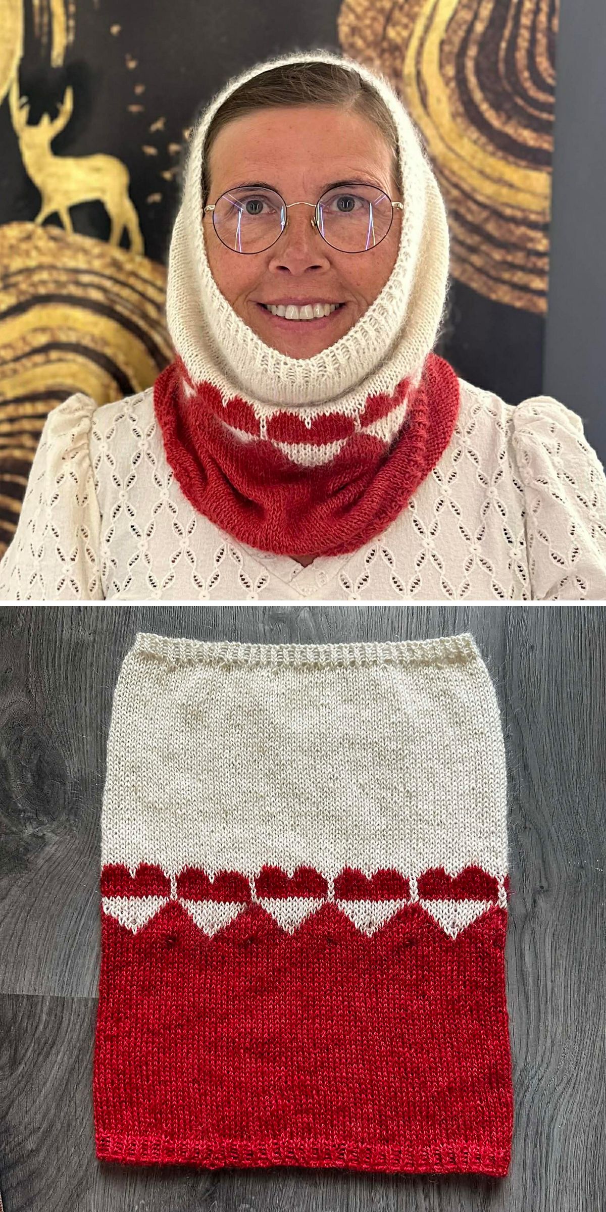 Top: A person wearing glasses models a red and white knit hooded cowl adorned with a heart pattern. Bottom: The same heart-themed cowl is laid flat, clearly displaying the charming design.