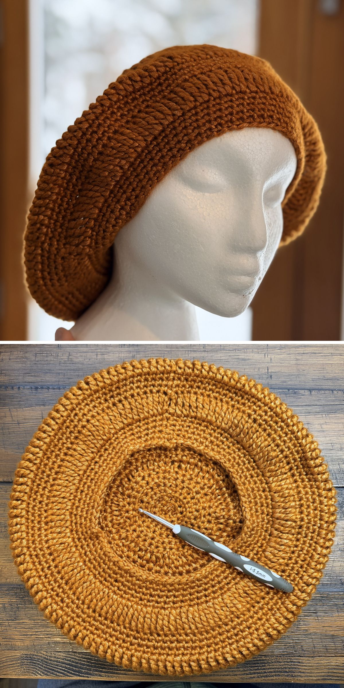 A crochet beret in brown is displayed on a white mannequin head, accompanied by a top-down view of the beret and a crochet hook resting on a wooden surface.